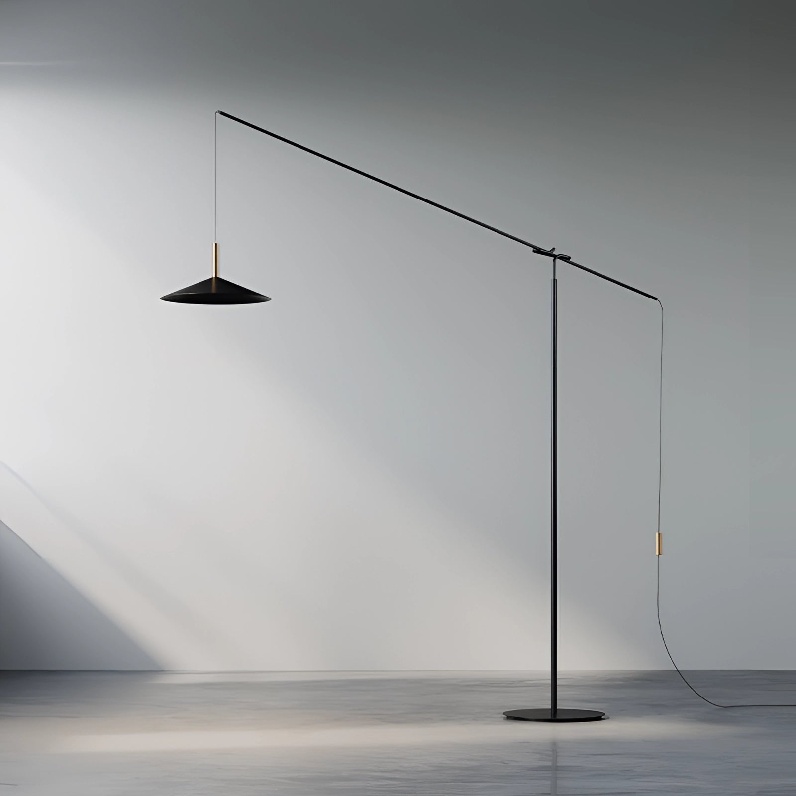 Modern black and gold adjustable designer floor lamp with sleek lighting design, featuring a contemporary rectangular shape and elegant tints and shades, suitable for stylish interior decor.