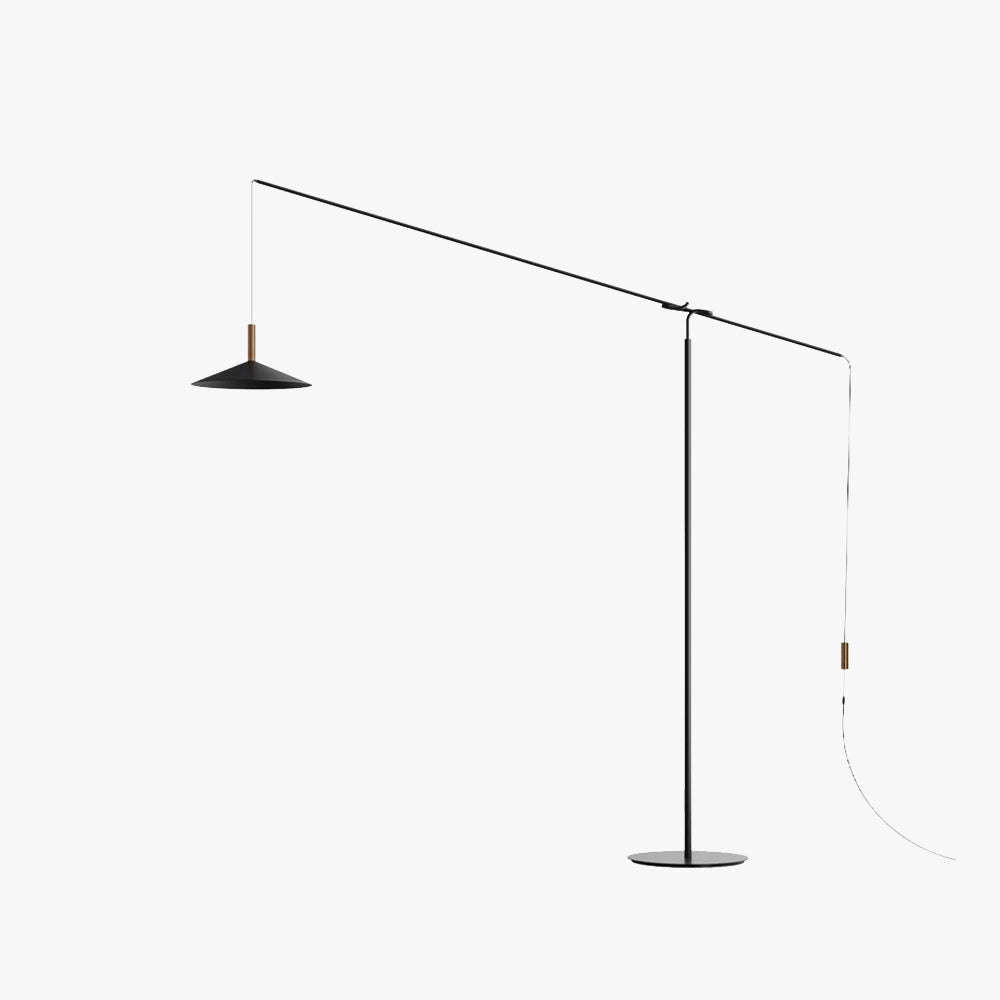Modern black and gold adjustable designer floor lamp with a sleek lighting design, featuring a rectangular base and a circular light fixture.