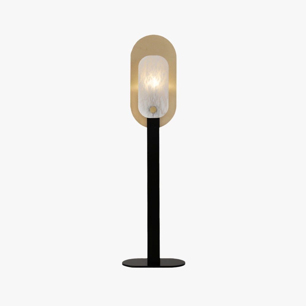 Modern black and gold LED floor lamp with a minimalist oval shade design, featuring a slim stand and elegant contemporary style.