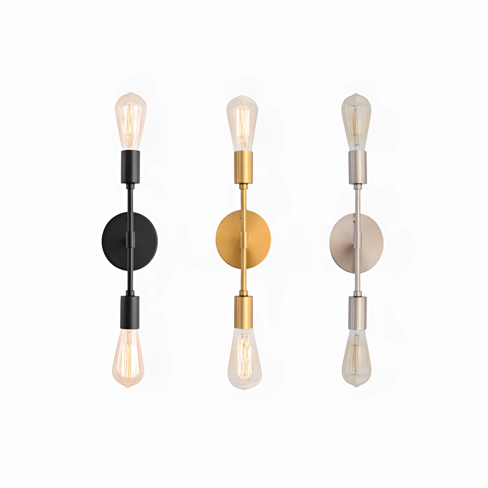 Modern black and gold minimalist wall sconce featuring an exposed Edison bulb, highlighting its sleek design and metallic finish.