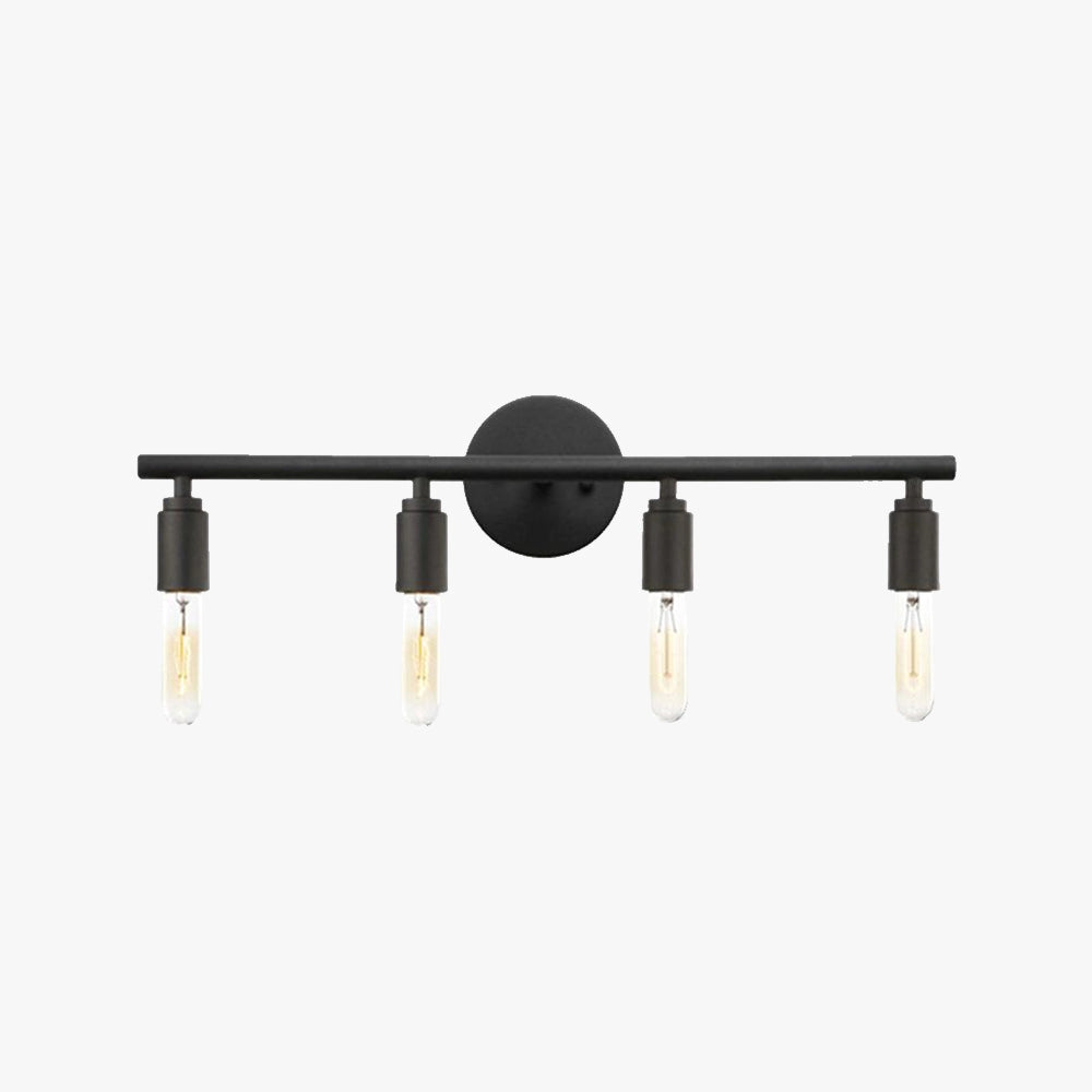 Modern black industrial bathroom sconce with a matte finish featuring an adjustable light design, showcasing metal components and geometric shapes.