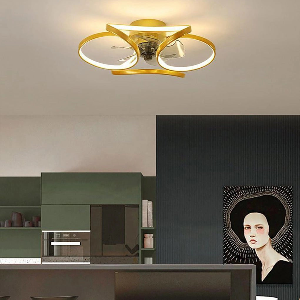 Modern black LED ceiling fan with integrated light and remote, featuring a gold accent, installed in a stylish bedroom with contemporary interior design.