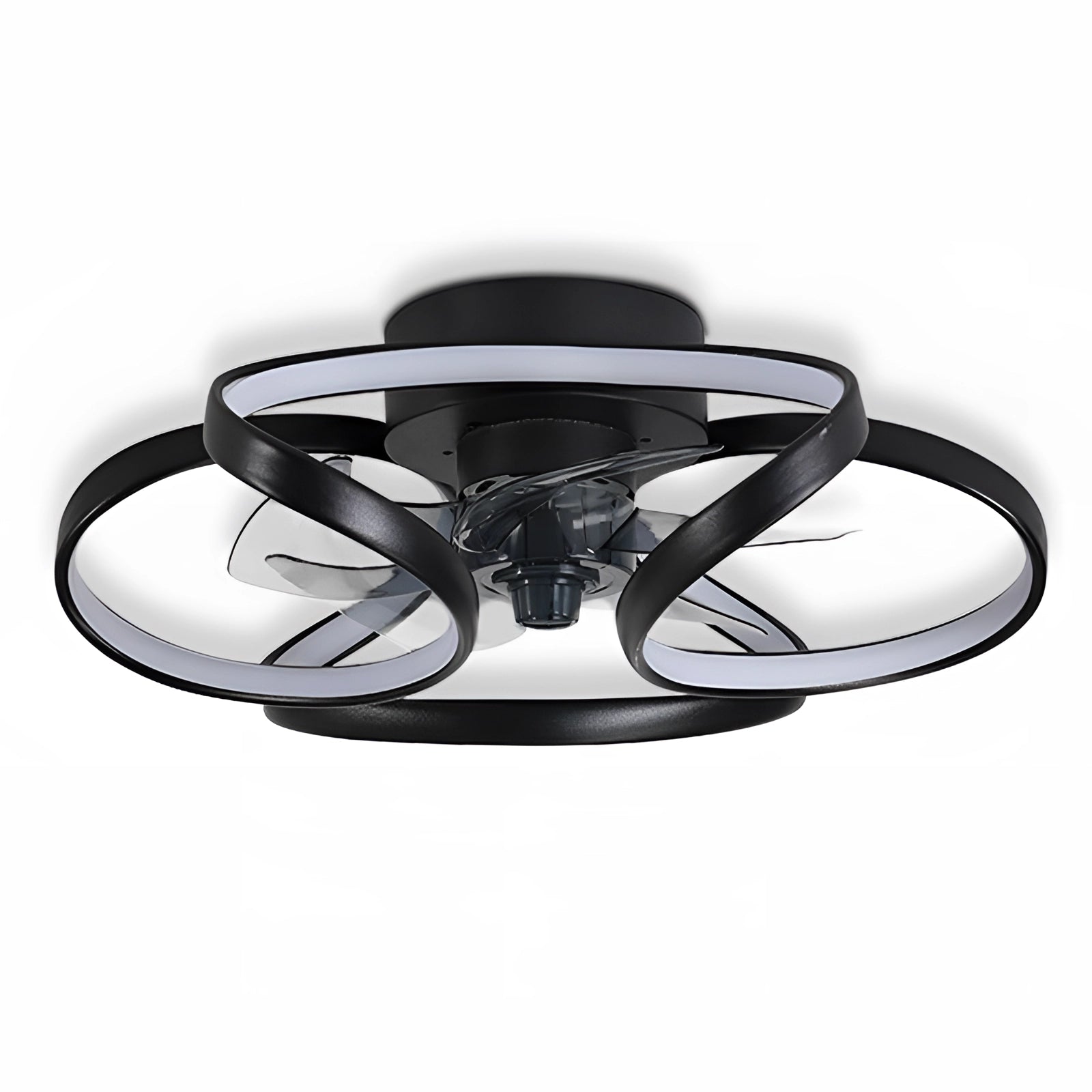 Modern black LED ceiling fan with built-in light and remote control installed in a stylish bedroom.