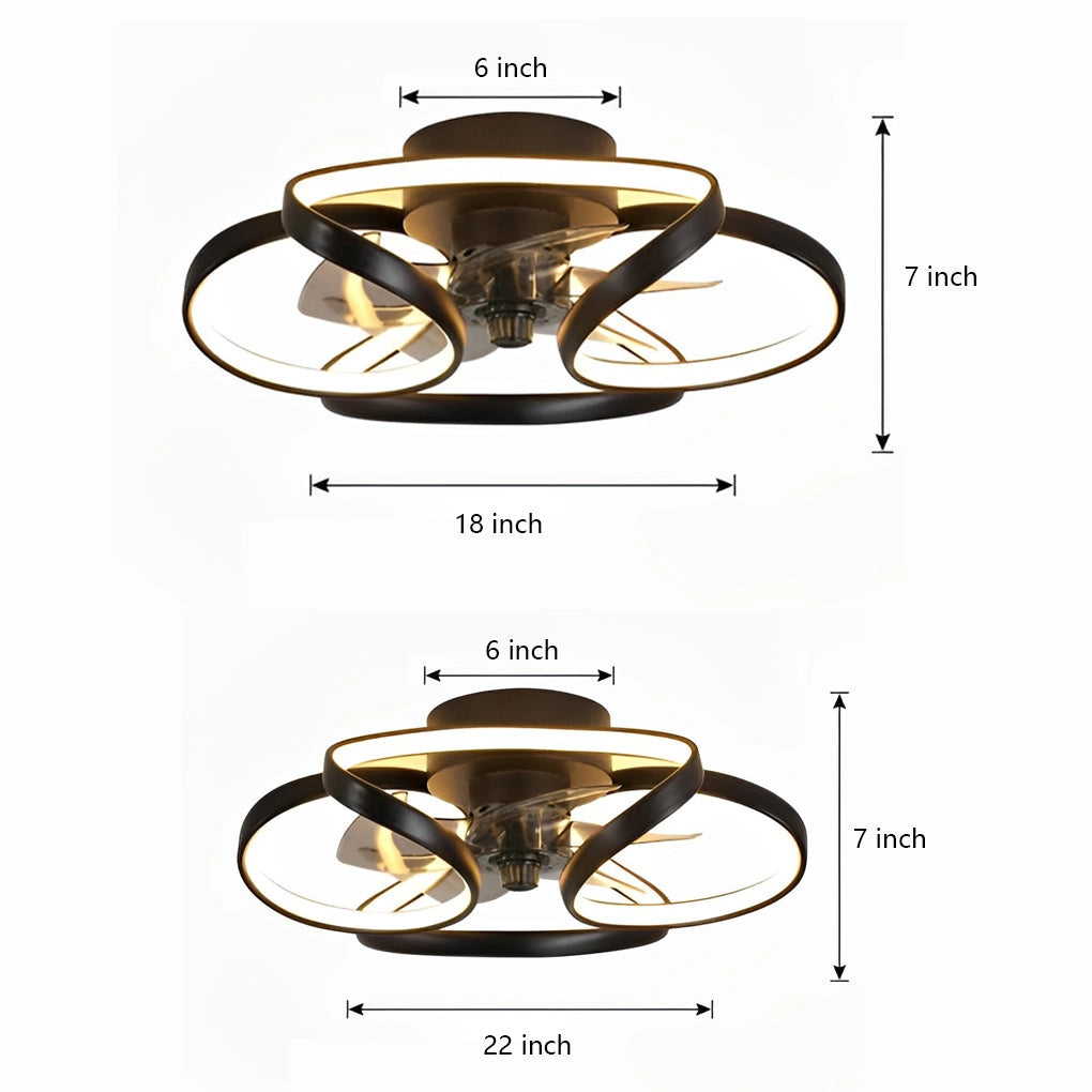 Modern black LED ceiling fan with light and remote mounted on a bedroom ceiling.