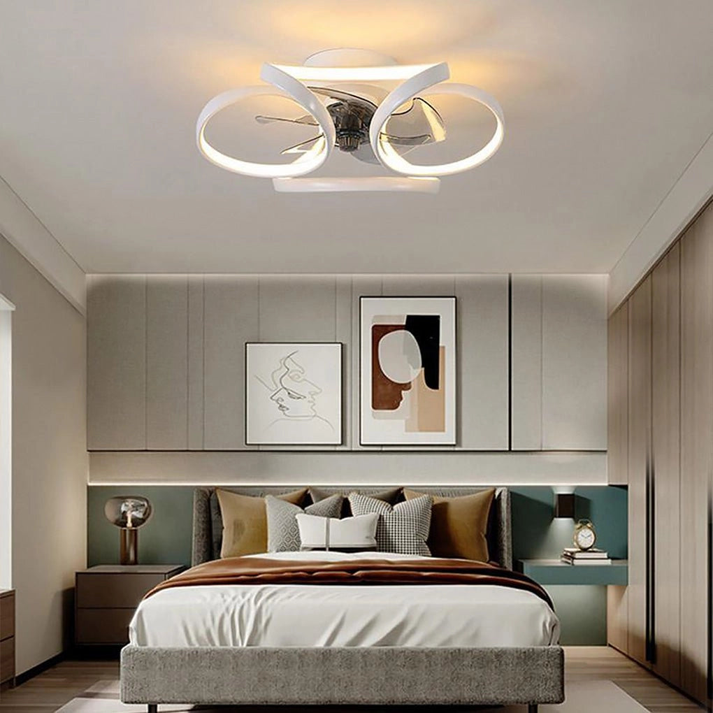 White Modern Black LED Ceiling Fan with Light and Remote installed in a bedroom with wooden flooring and white cabinetry.