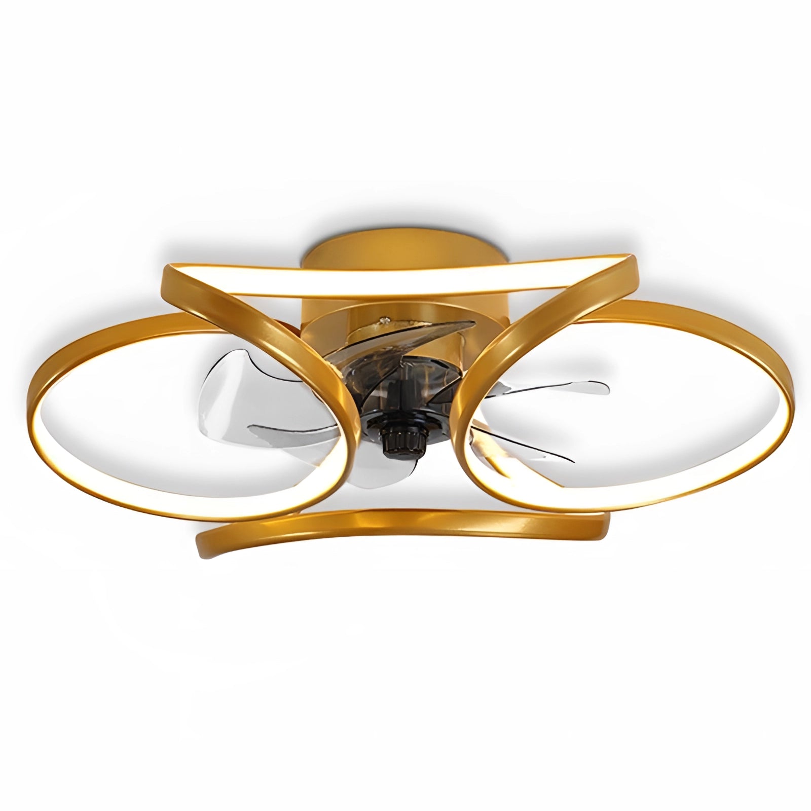 Modern black LED ceiling fan with light and remote installed in a stylish bedroom setting.