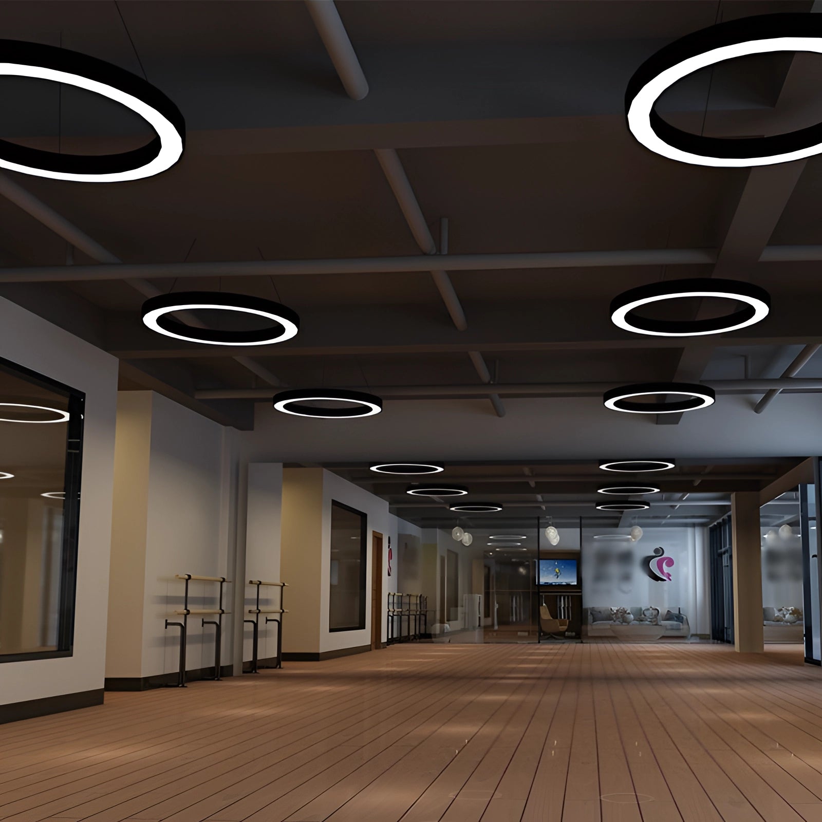 Modern black LED chandelier with a minimalist circular design, suspended as a pendant light, illuminating a contemporary interior space with sleek aesthetics.