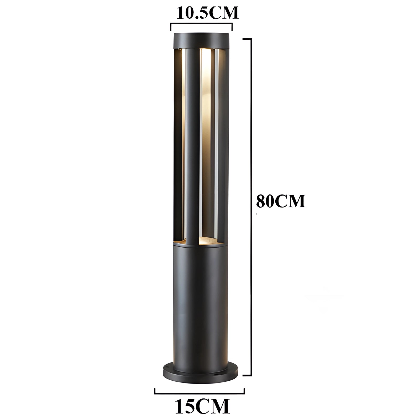 Modern black LED cylinder outdoor lamp measuring 80 cm in height, featuring a sleek metal design suitable for waterproof exterior use.