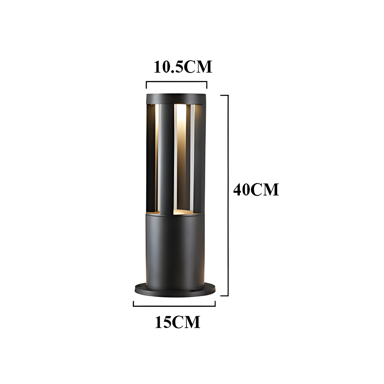 Modern black LED cylinder lamp standing on a metal pedestal, designed for outdoor use. The lamp is waterproof and measures 40 cm in height. Surrounded by plants, it blends seamlessly into outdoor environments, showcasing a sleek and contemporary design.