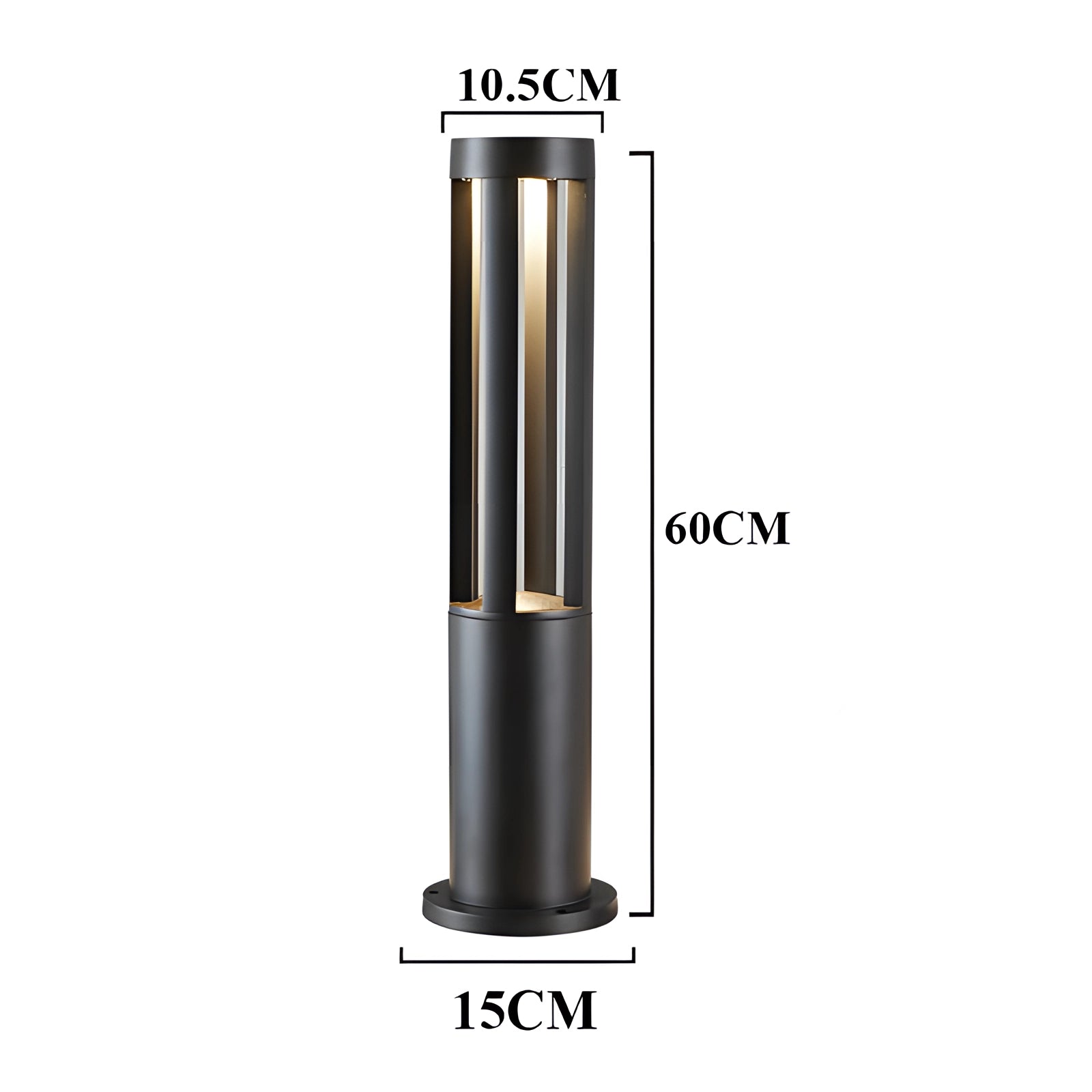 Modern black LED cylinder lamp measuring 60 cm in height, designed for outdoor use with waterproof features, showcasing a sleek and contemporary metallic finish.