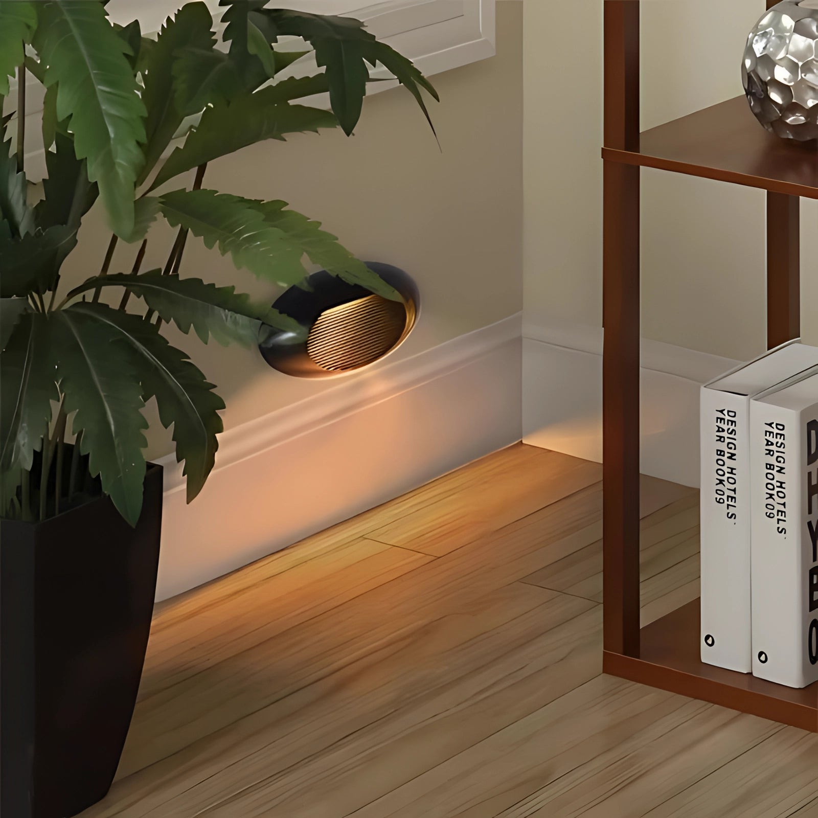 Modern black LED wall sconce on a wooden background, featuring a stylish and waterproof design ideal for outdoor use, with surrounding elements like potted plants enhancing its contemporary aesthetic.
