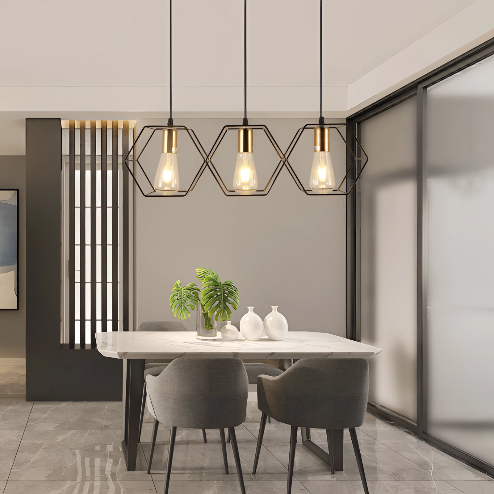 A modern black metal geometric five-light pendant chandelier hanging above a wooden table set with chairs in a stylishly designed interior space.