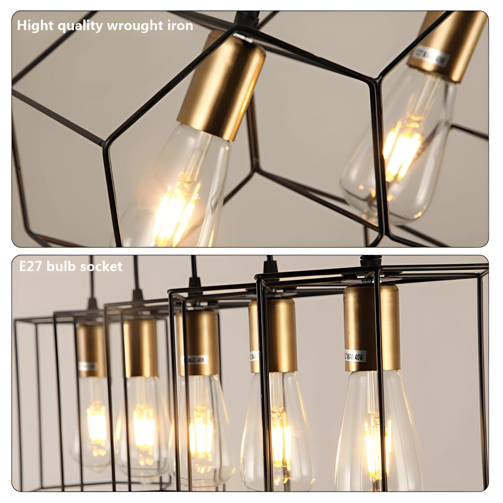 Modern black metal geometric five-light pendant chandelier hanging from the ceiling, featuring rectangular shapes and amber-tinted lights.