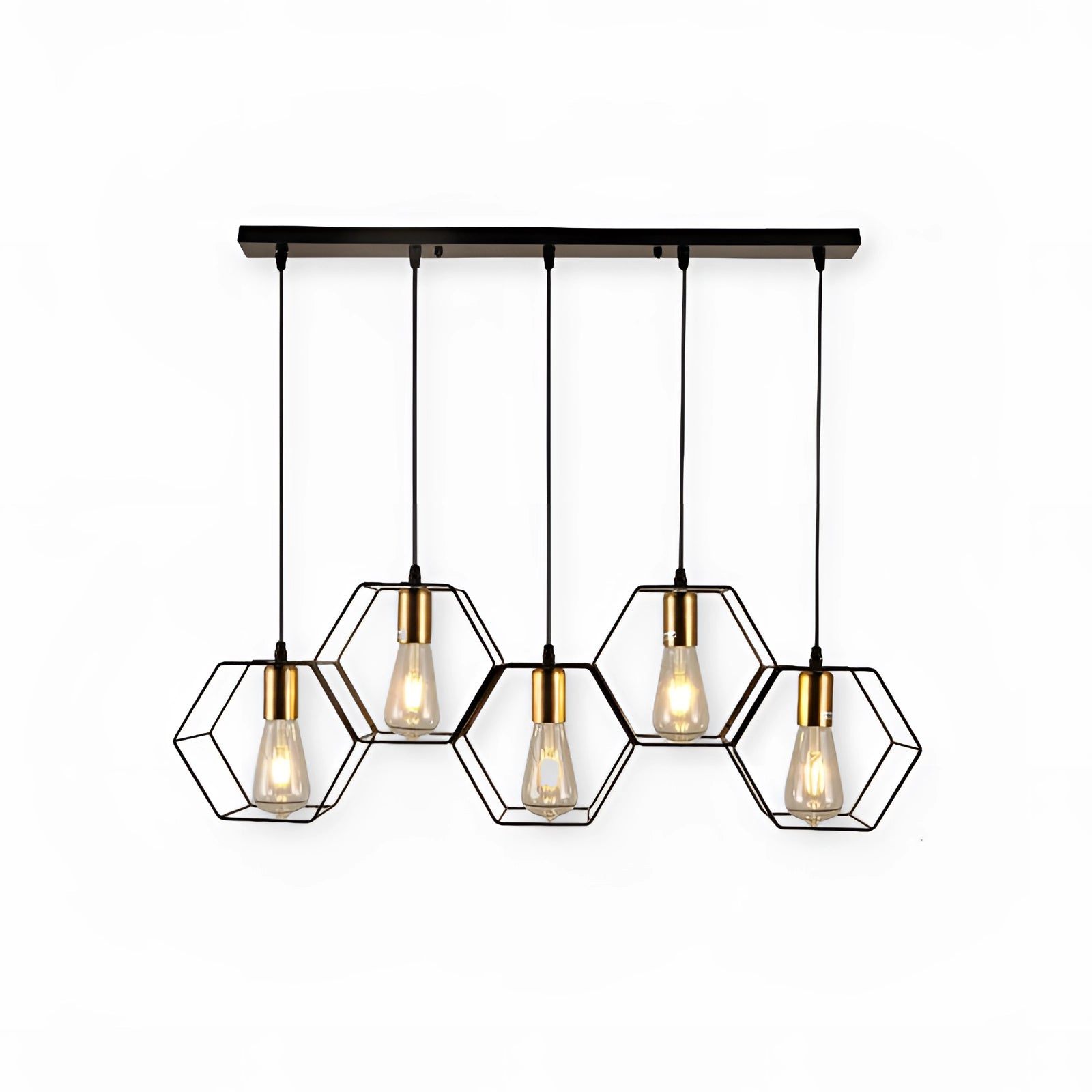 Modern black metal geometric five-light pendant chandelier hanging from the ceiling, featuring a sleek design with cylindrical and rectangular shapes, providing a contemporary touch to the room's decor.