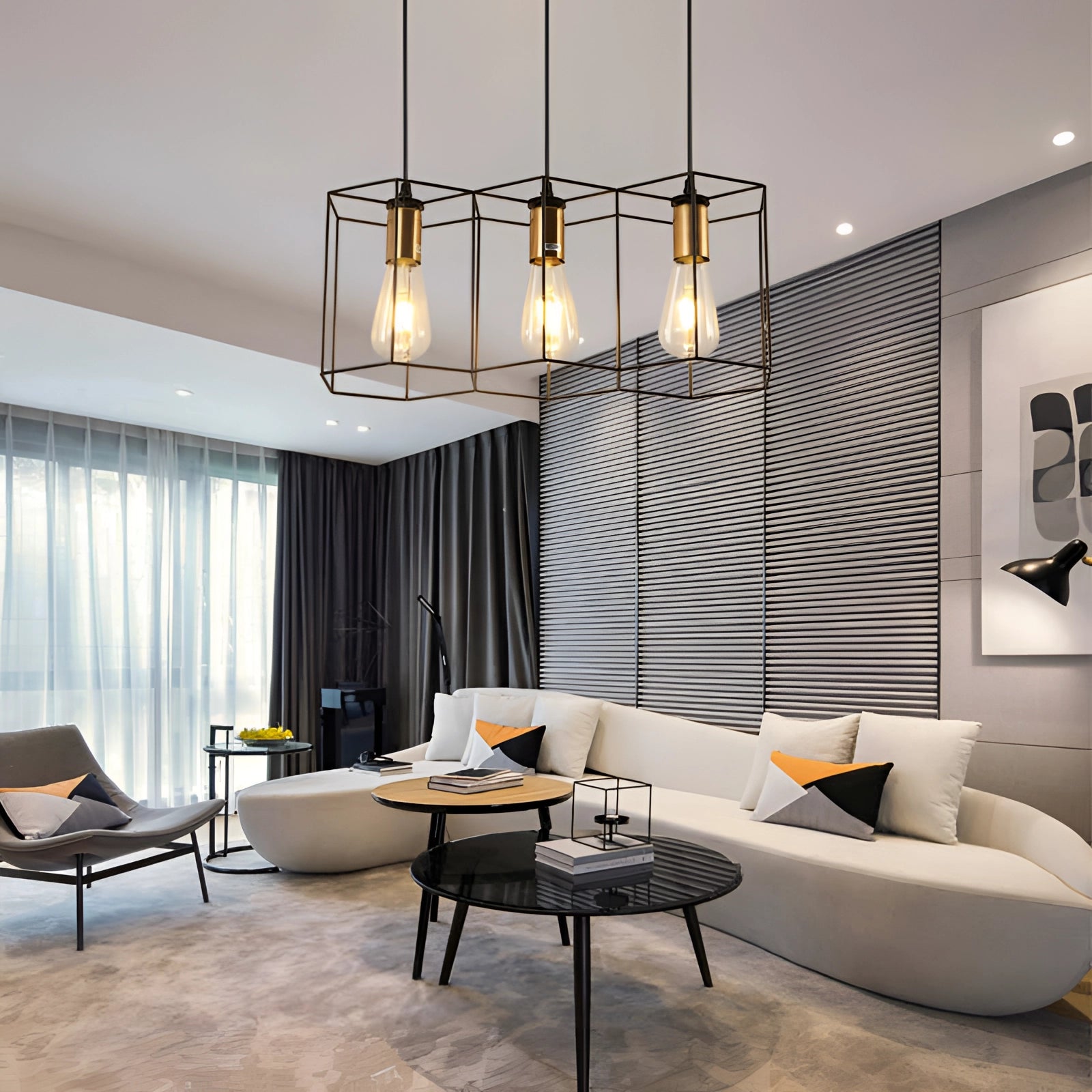 Modern black metal geometric five-light pendant chandelier hanging above a wooden table in a stylish living room with a comfortable couch.