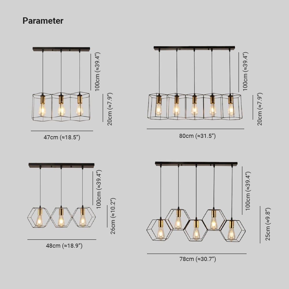 Modern black metal geometric five-light pendant chandelier with symmetrical pattern and circular design elements.