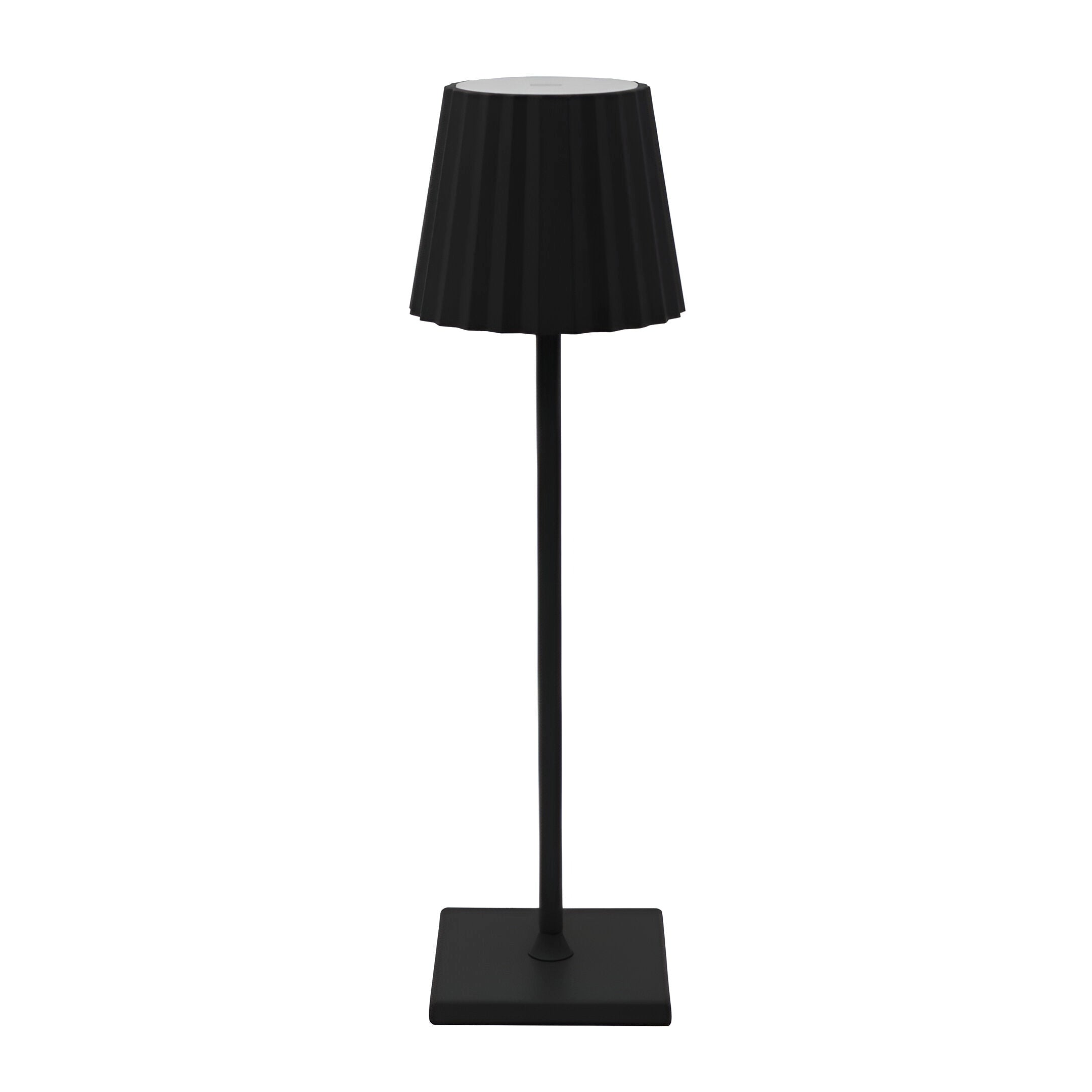 A modern black minimalist LED table lamp featuring a sleek and elegant design with a soft, glowing light, complemented by a stylish lampshade.