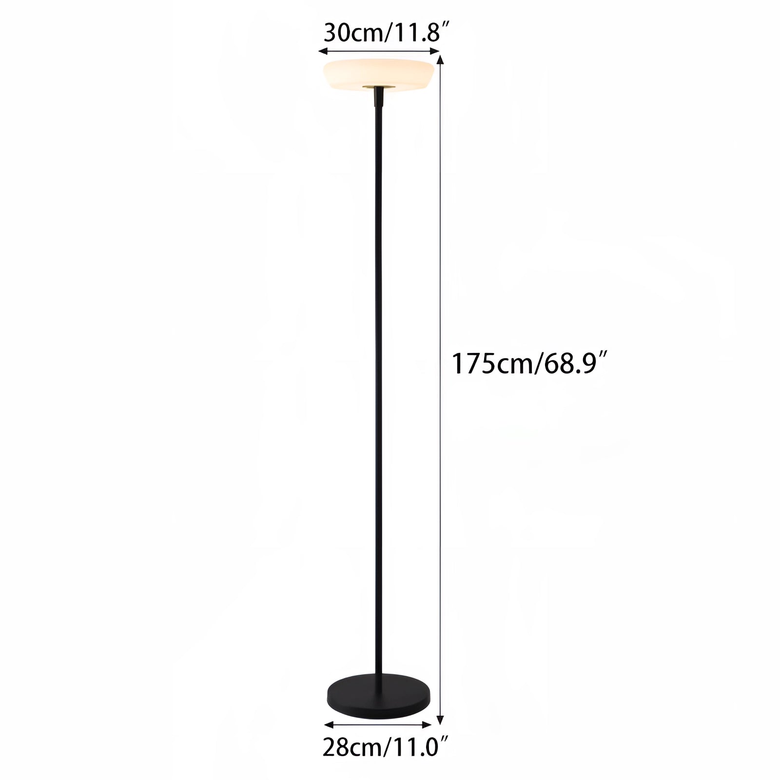 A modern black minimalist LED torchiere floor lamp with a slim design, standing upright on a round base.