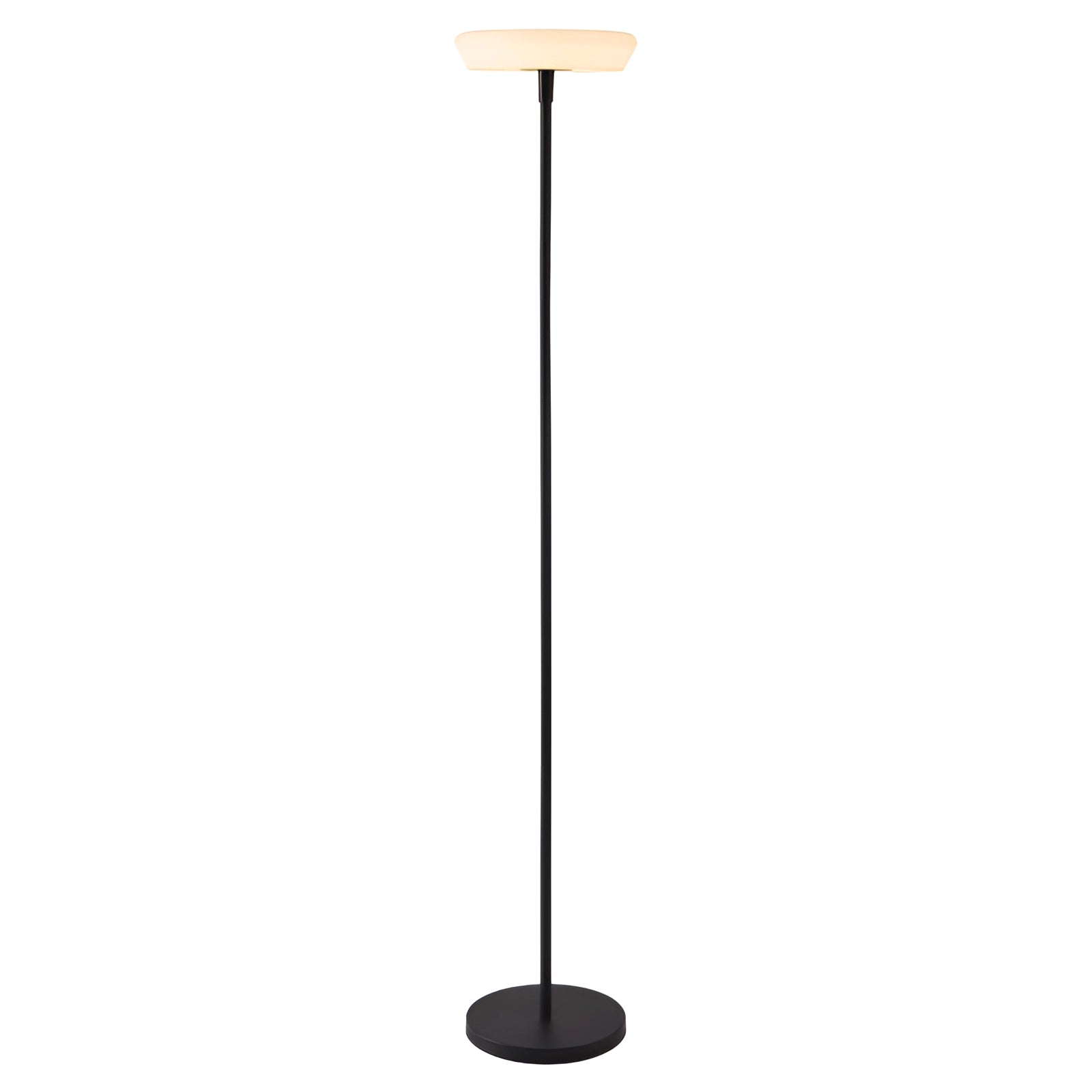 Modern black minimalist LED torchiere floor lamp with slim design and energy-efficient lighting.