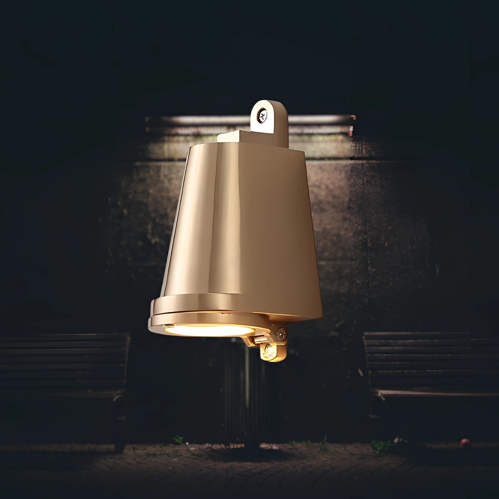 
Copper-colored modern black outdoor wall light with a weather-resistant LED fixture, featuring a cool white illumination, mounted on a wooden surface.