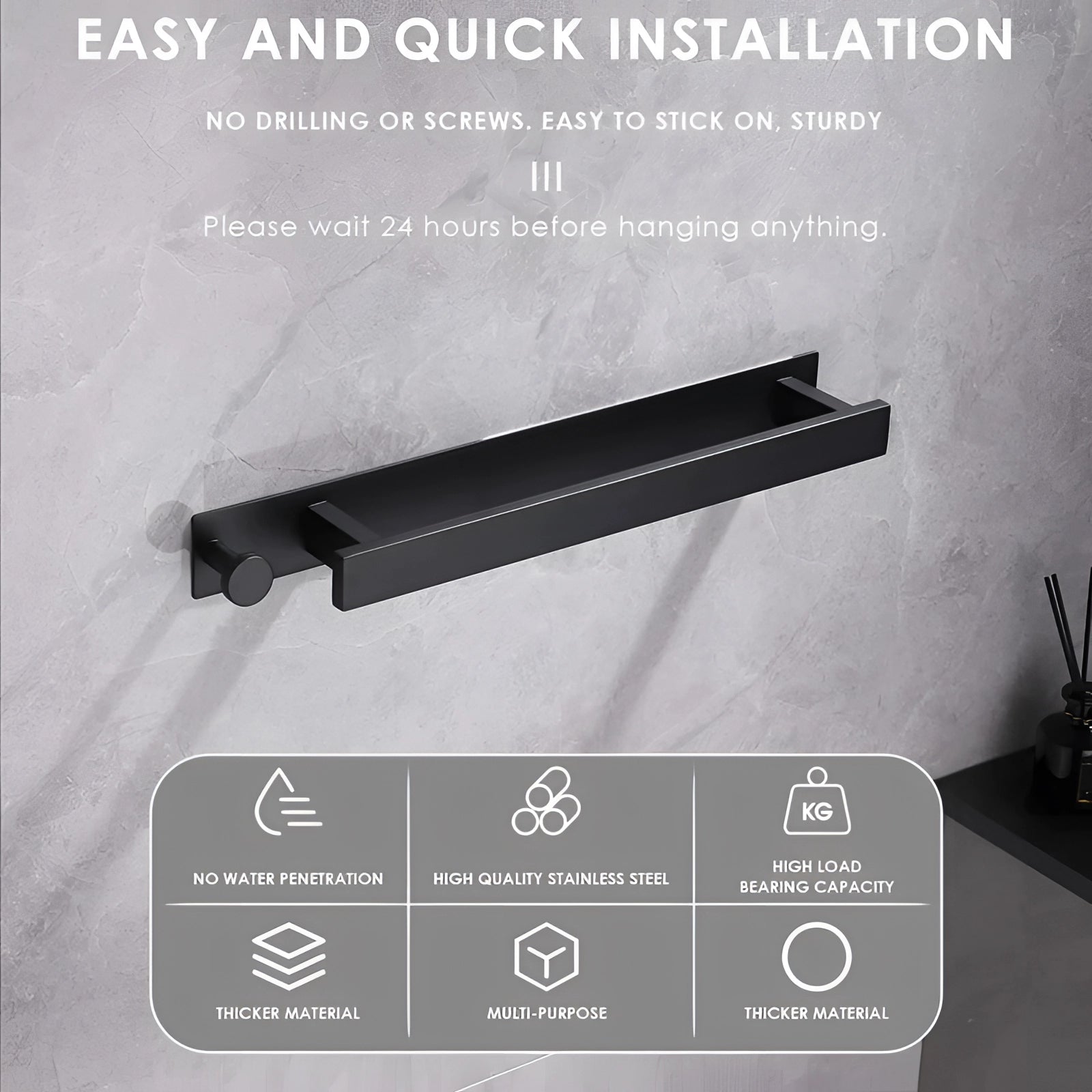 Modern Black Wall-Mounted Towel Rack - Space-Saving Bathroom Accessory