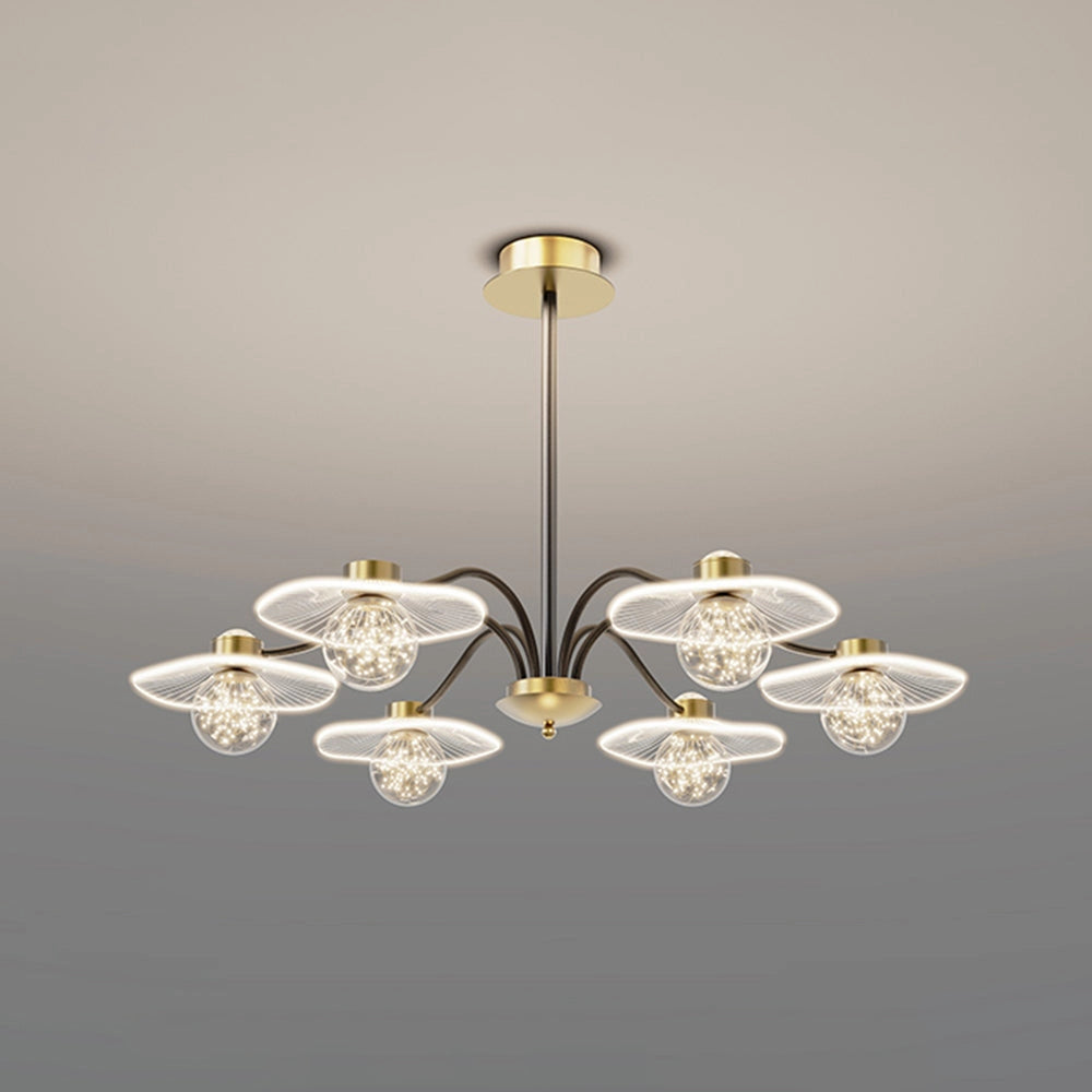 Modern brass chandelier with glass globe pendant light fixture, featuring circular design and metal construction, elegantly suspended from the ceiling.