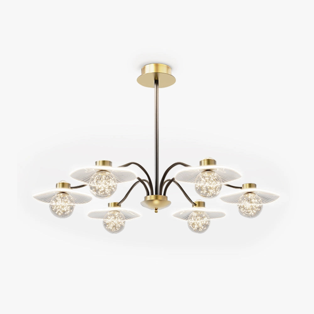 Modern brass chandelier with glass globe pendant light fixture hanging from the ceiling, featuring a sleek metal design.