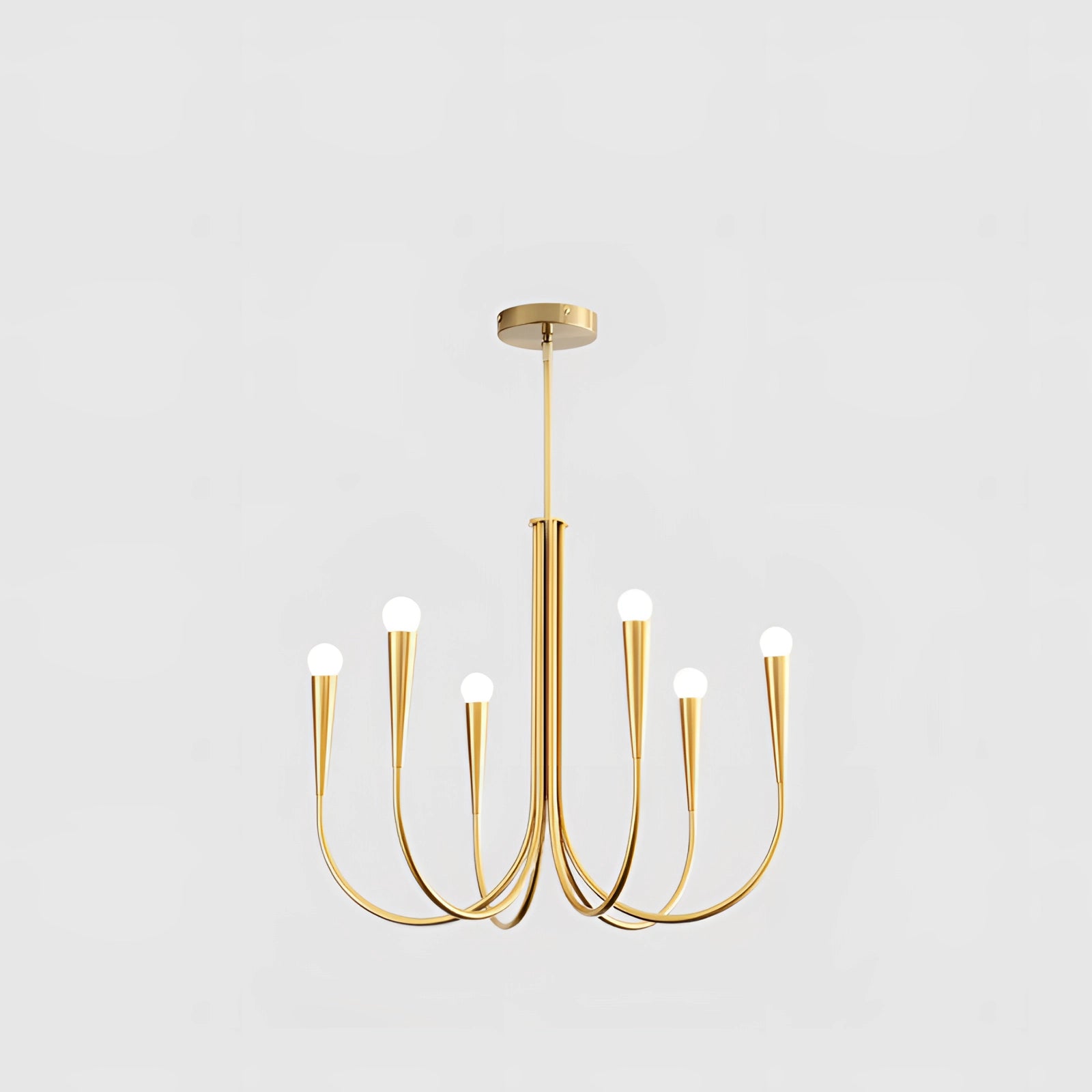Modern brass chandelier with intricate design hanging above an oak dining table in a blue dining room setting, with 6K gold accents and neutral lighting, complementing the elegant and contemporary decor style.