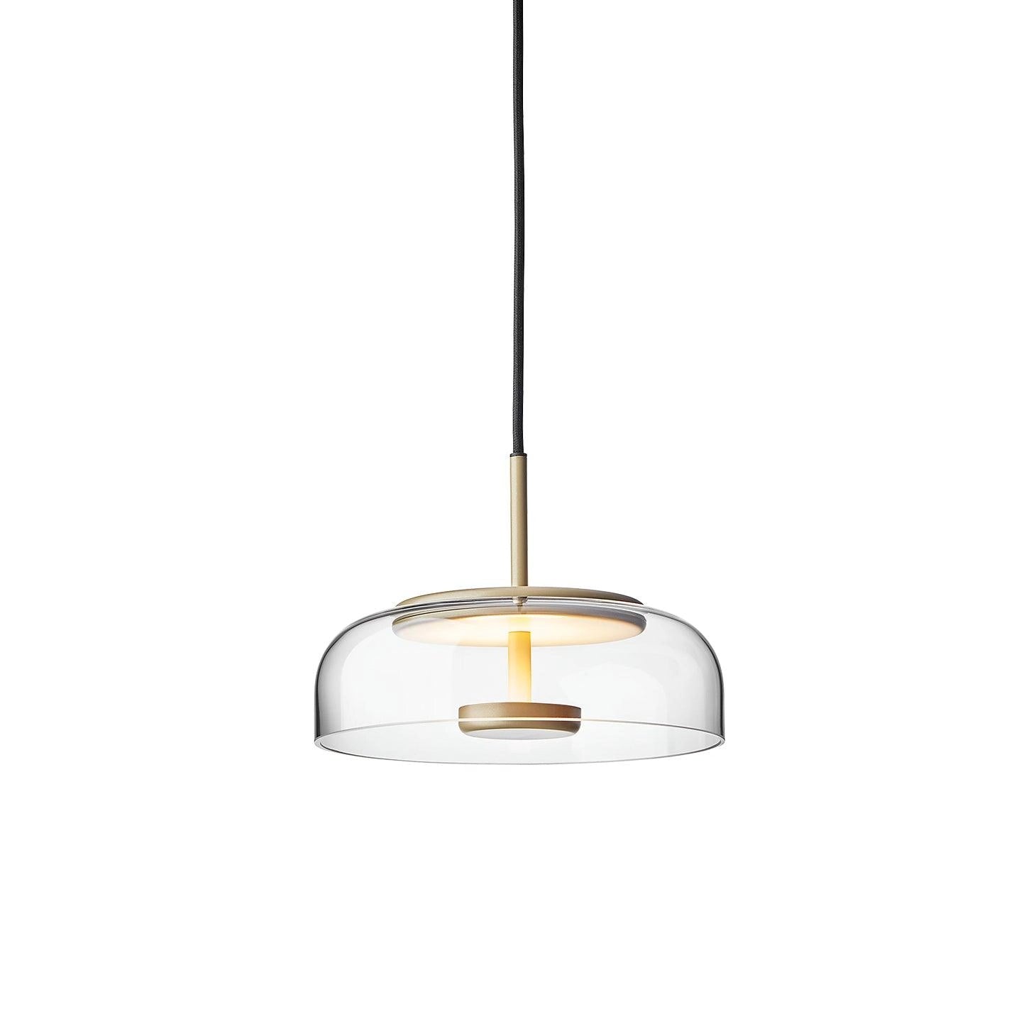 Modern brass and chrome LED pendant light with a minimalist design, clear glass shade, and cool light, measuring 9 inches in diameter and 7.9 inches in height, hanging from the ceiling in a contemporary interior setting.