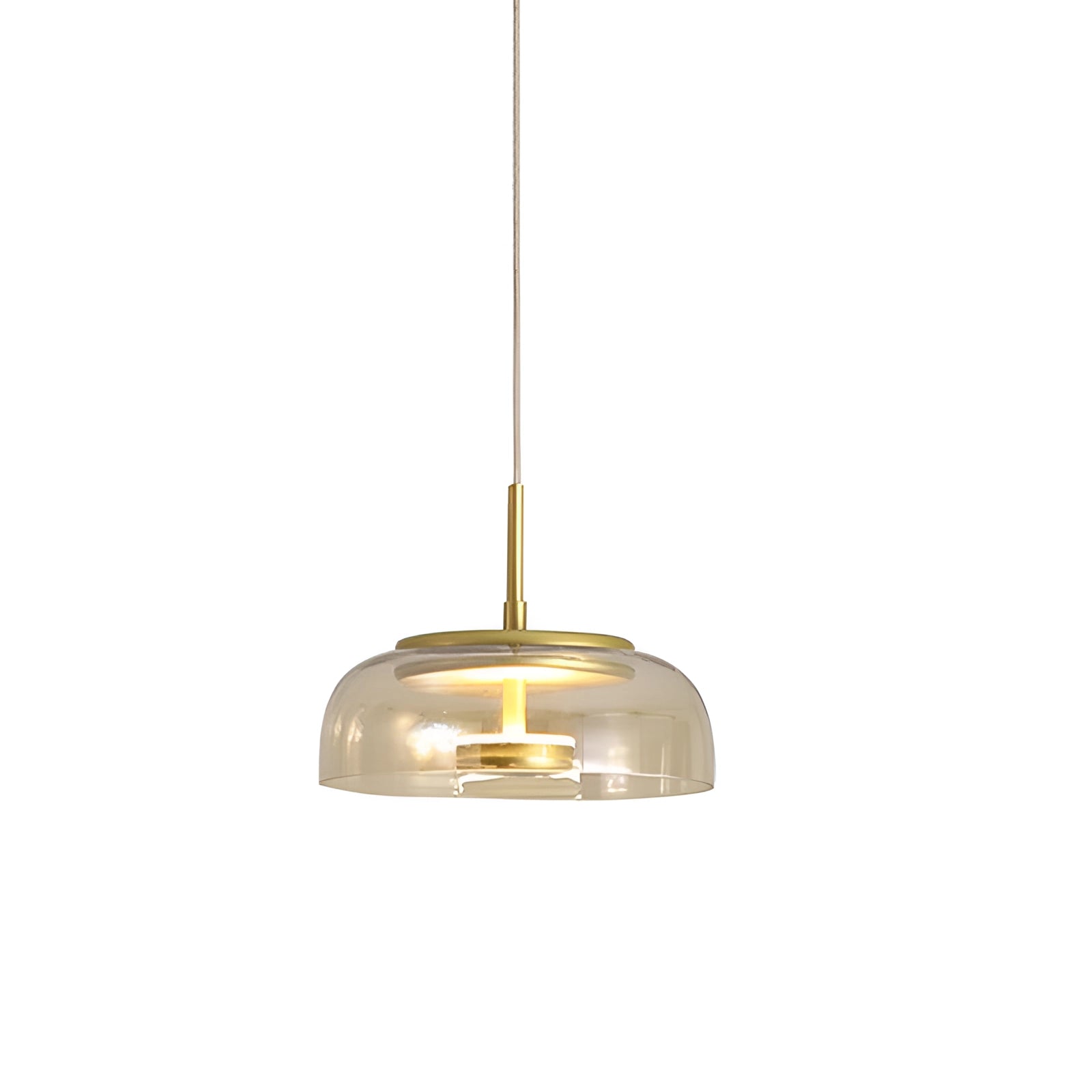 Modern brass and chrome LED pendant light with a minimalist design, featuring a cool light effect, hanging from the ceiling. The fixture measures 9 inches in diameter and 7.9 inches in height.