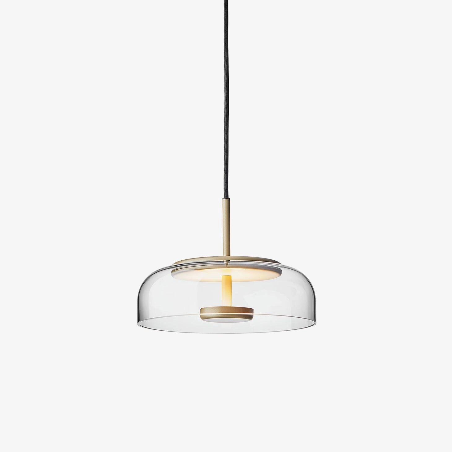 Modern Brass and Chrome LED Pendant Light hanging from ceiling, showcasing minimalist luxury design in a contemporary interior setting.