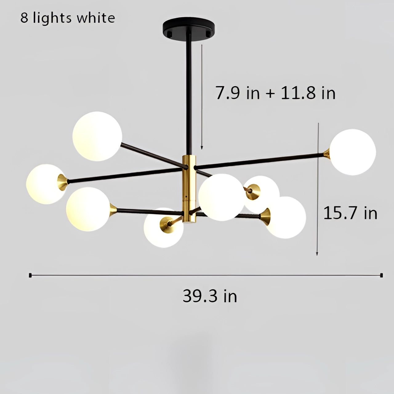 Modern Brass Geometric LED Chandelier with 8 white heads, Mid-Century Minimalist design, featuring circular art elements and a sleek light fixture.