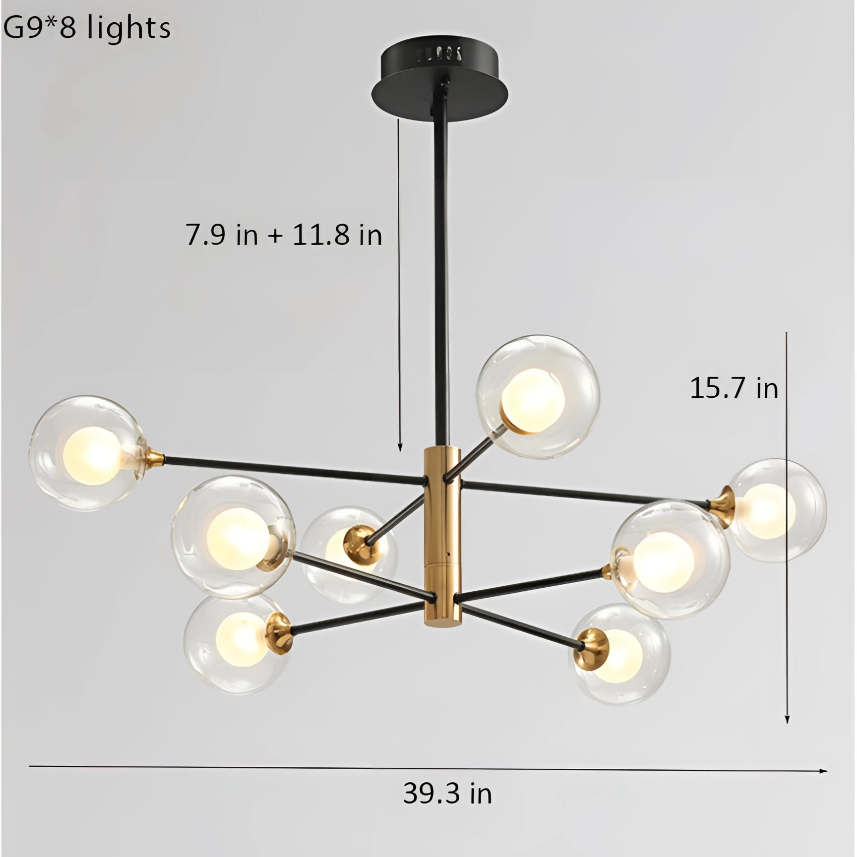 Modern brass geometric LED chandelier with 8 clear light heads, mid-century minimalist design, ceiling fixture suitable for contemporary interior design.