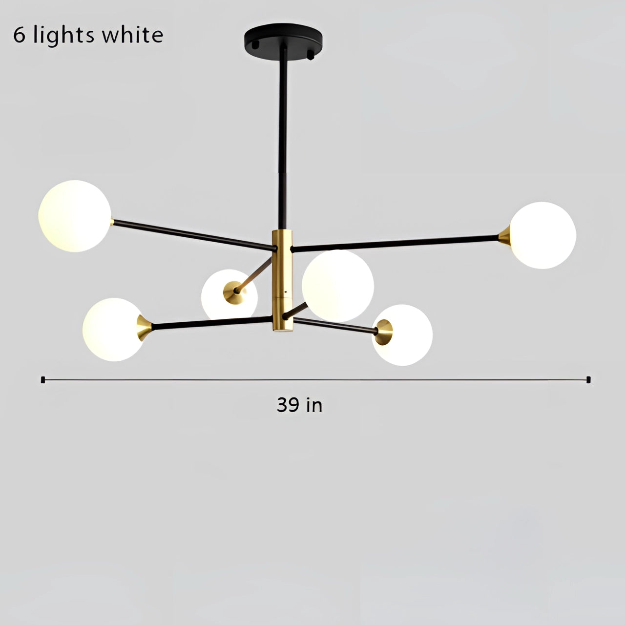 Modern brass geometric LED chandelier with 6 white heads, mid-century minimalist light fixture, symmetrical design, and metal construction, mounted on the ceiling.
