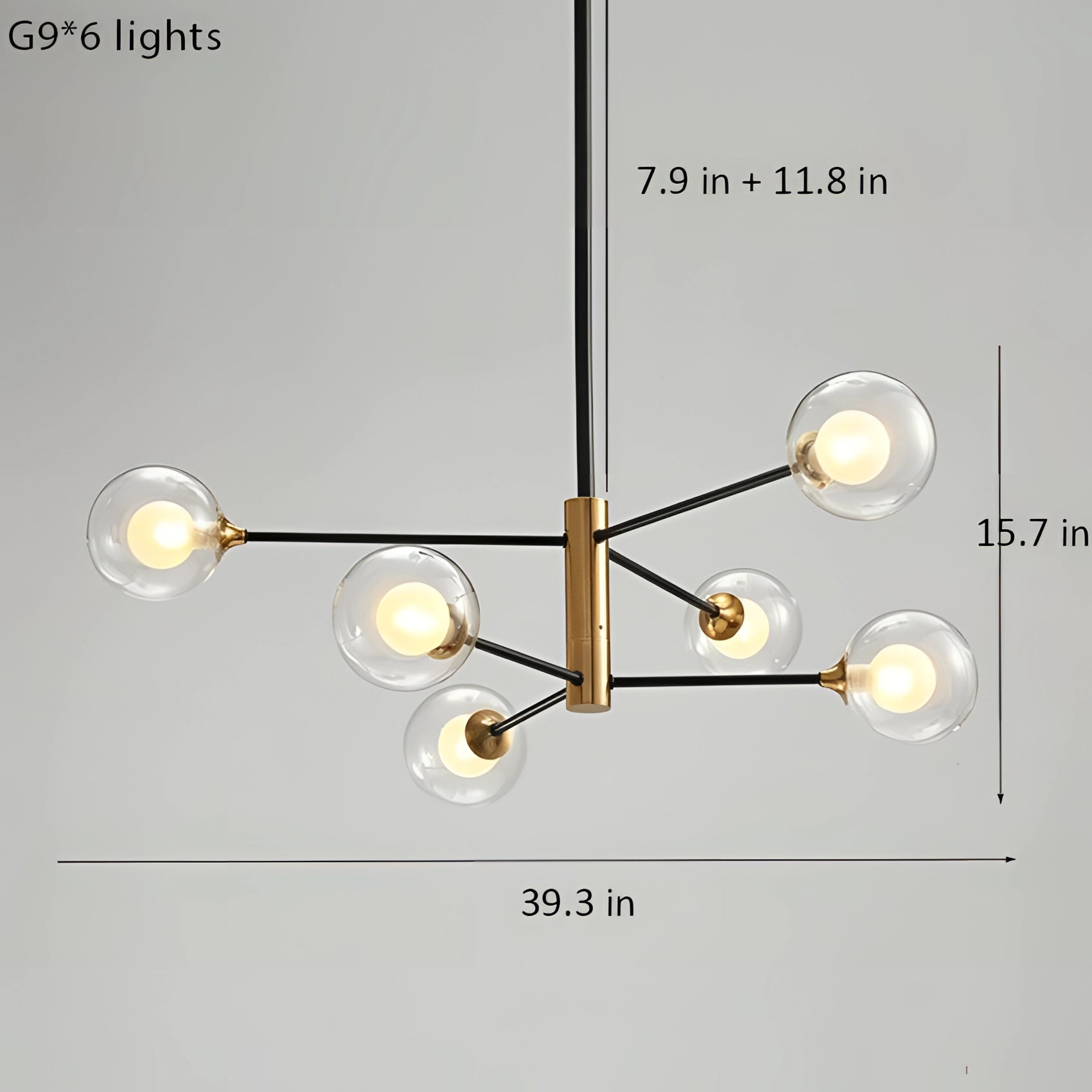 Modern brass geometric LED chandelier with six clear glass heads, featuring a mid-century minimalist design, hanging from the ceiling.