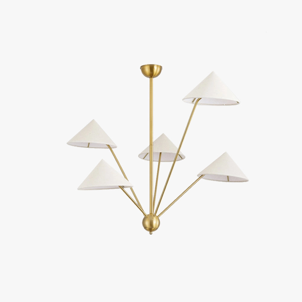 Modern brass geometric pendant chandelier hanging from a ceiling, showcasing a mid-century minimalist design with triangular shapes, casting light over a wooden table.