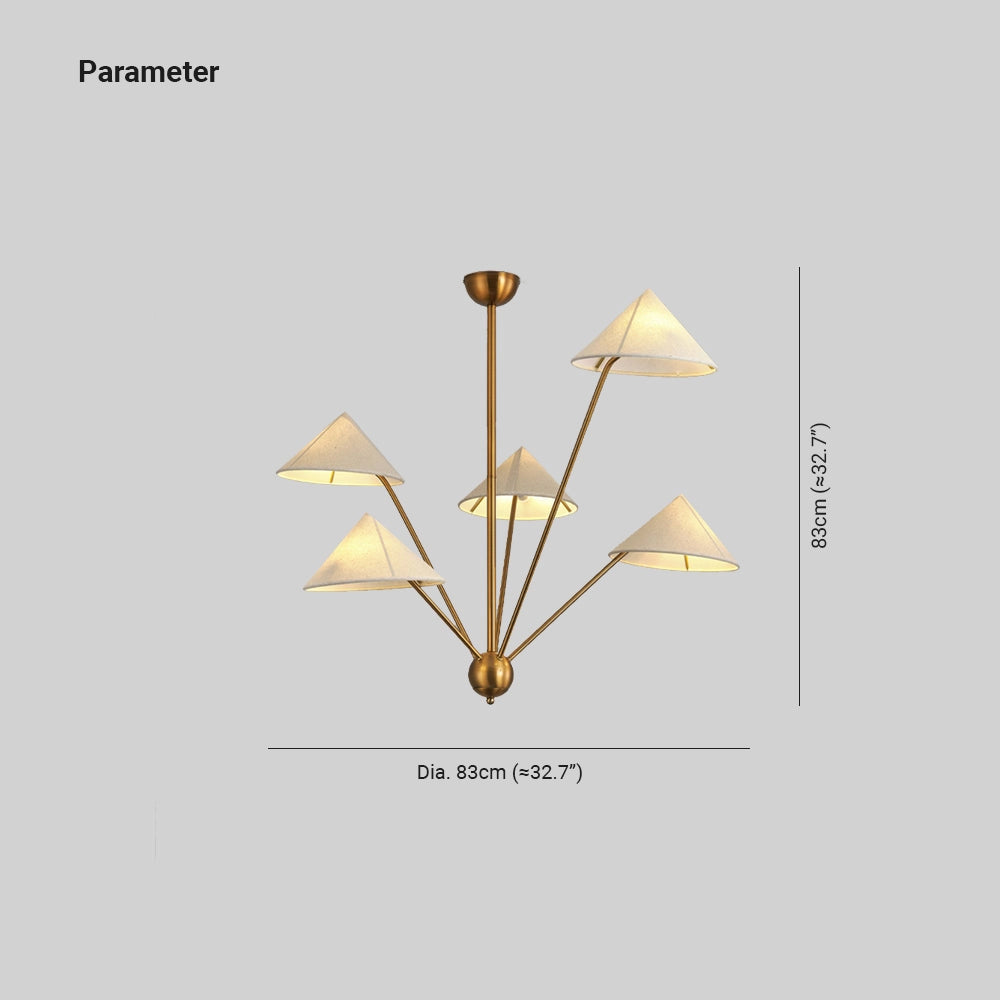 Modern brass geometric pendant chandelier with a mid-century minimalist design, featuring symmetrical triangular metal shapes, hanging from the ceiling, showcasing a chic and stylish light fixture.