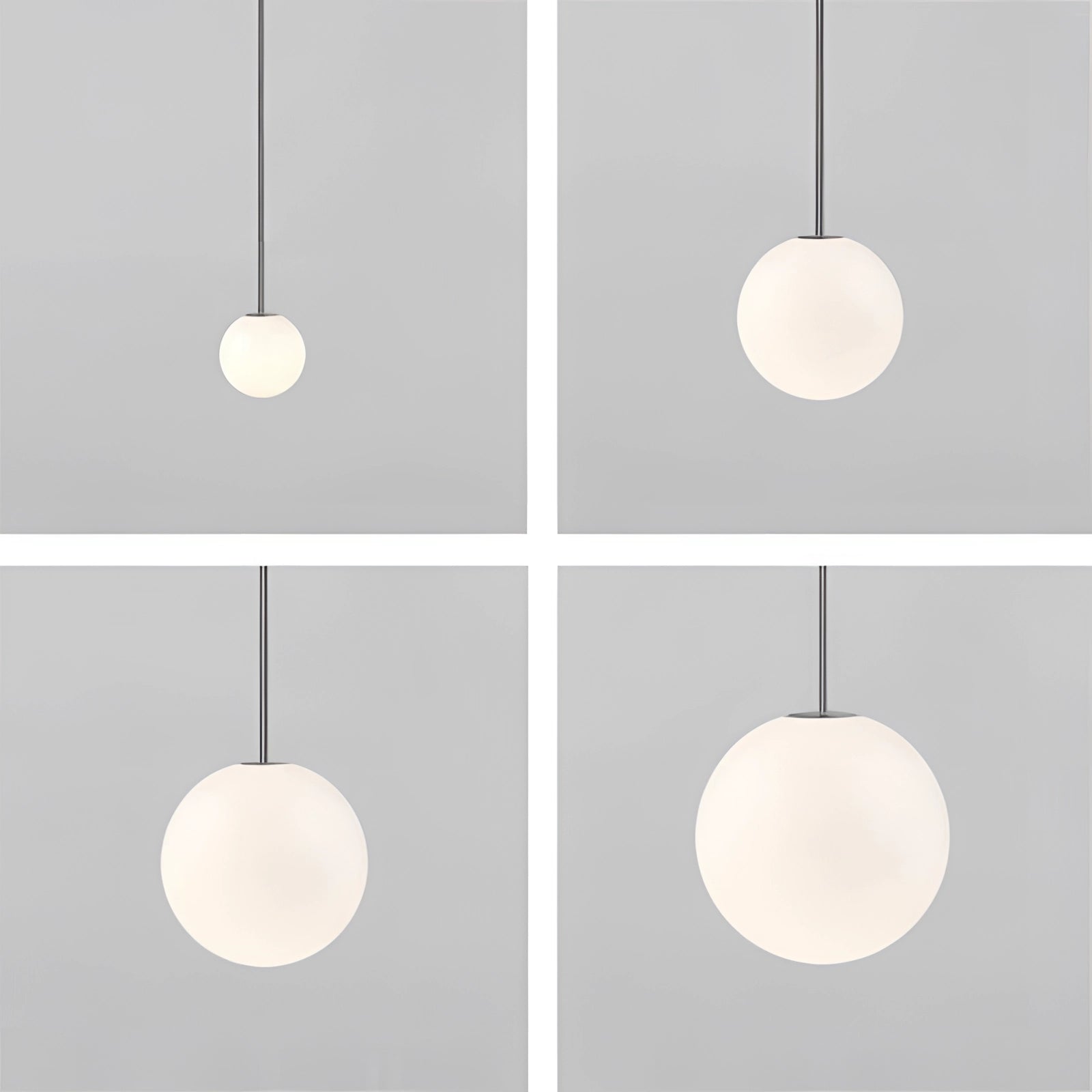 Modern brass globe pendant light hanging from the ceiling, featuring a minimalist design with a smooth spherical shape, casting a warm glow over a kitchen table. The light fixture is symmetrical and adds a touch of luxury to the kitchen decor.