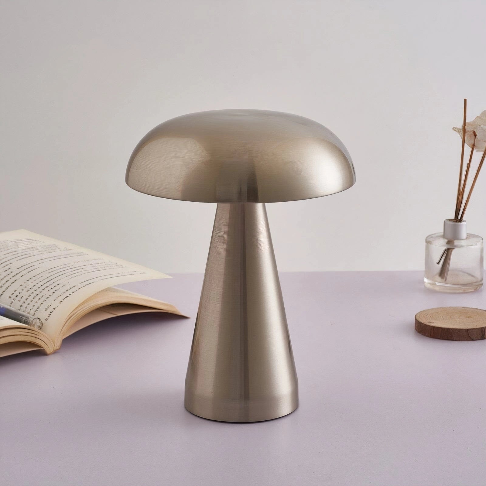 Modern Brass Mushroom Lamp in Silver on a Wooden Table with Books and a Decorative Art Piece