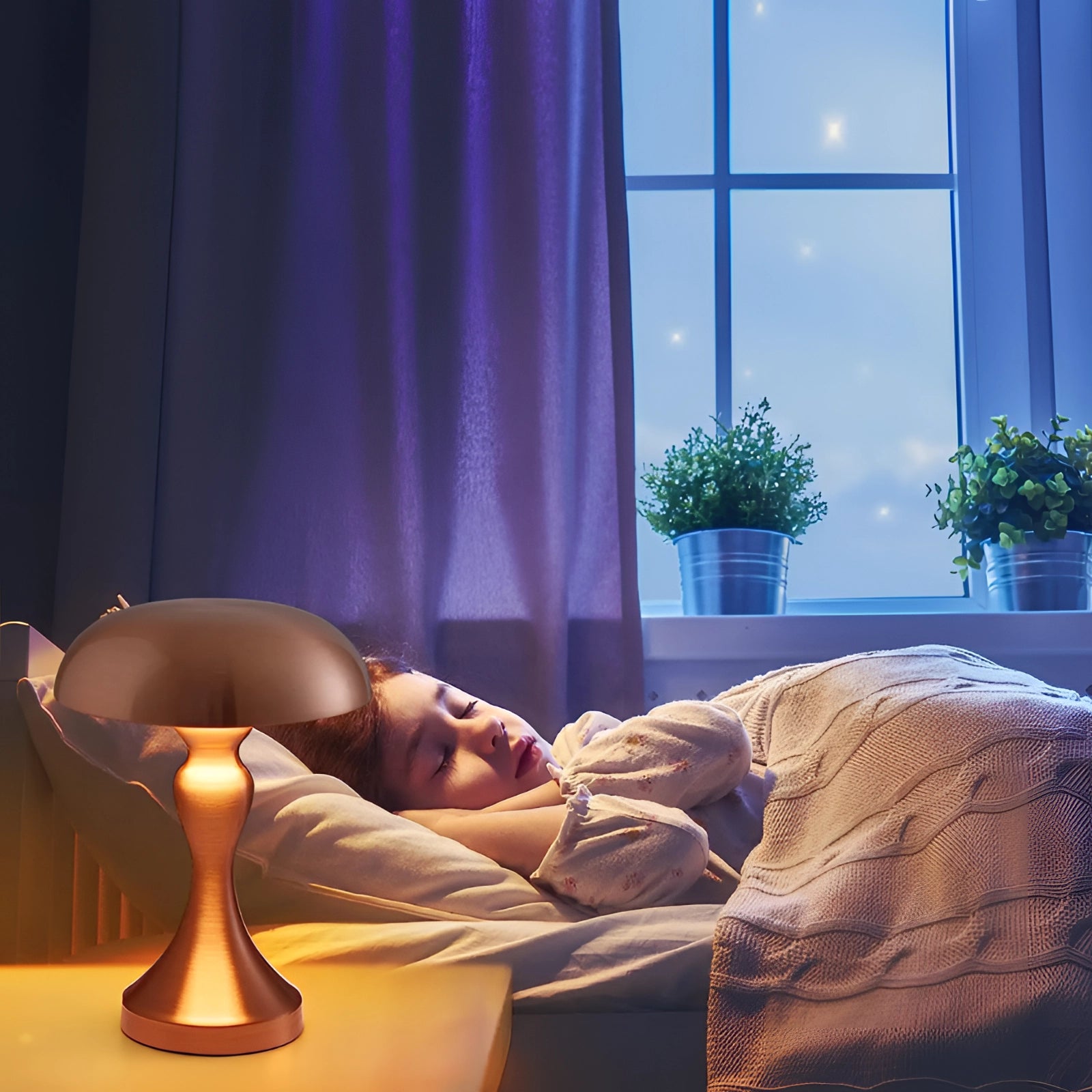 Modern brass mushroom table lamp with an elegant design, positioned on a stylish interior table near a window with light curtains, enhancing the cozy and sophisticated ambiance of the room.