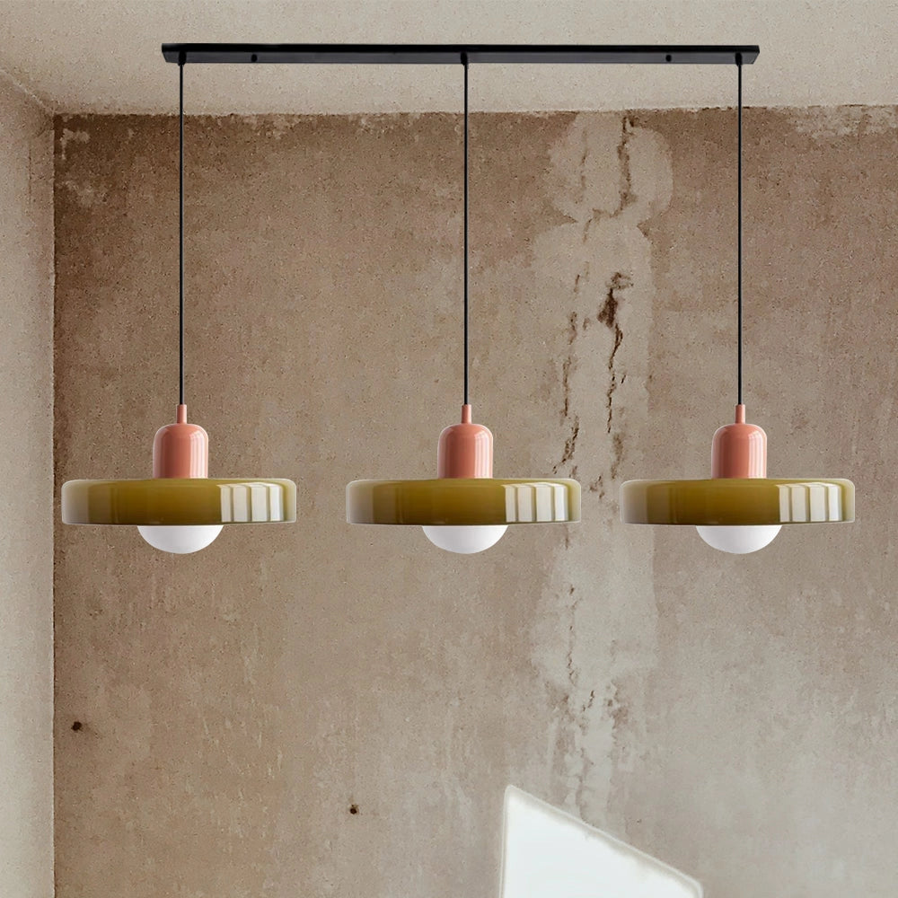 Modern Brass Pendant Lights with Adjustable Red Cable, Green and Pink Variant, Three-Head Design, Hanging in Industrial Kitchen Interior
