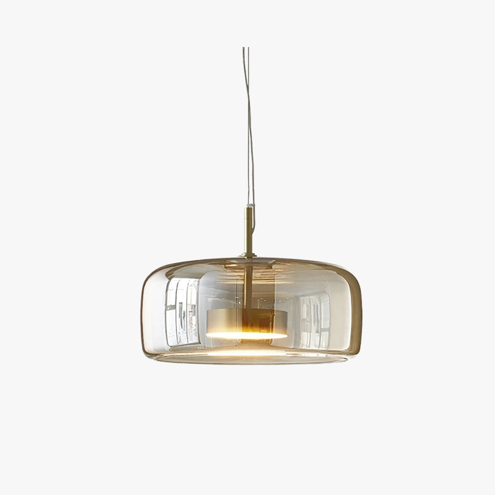 Modern brushed brass glass pendant light with a rectangular design, featuring a ceiling fixture suitable for kitchens and dining areas, showcasing a blend of wood and metal elements with beige tints and shades.