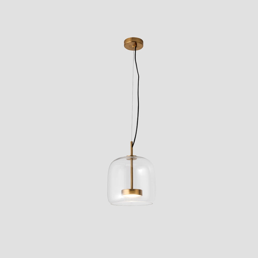 Modern brushed brass glass pendant light with a smoke gray finish, measuring 25 centimeters and featuring a dimmable function; designed for kitchens and dining areas and suspended from the ceiling.