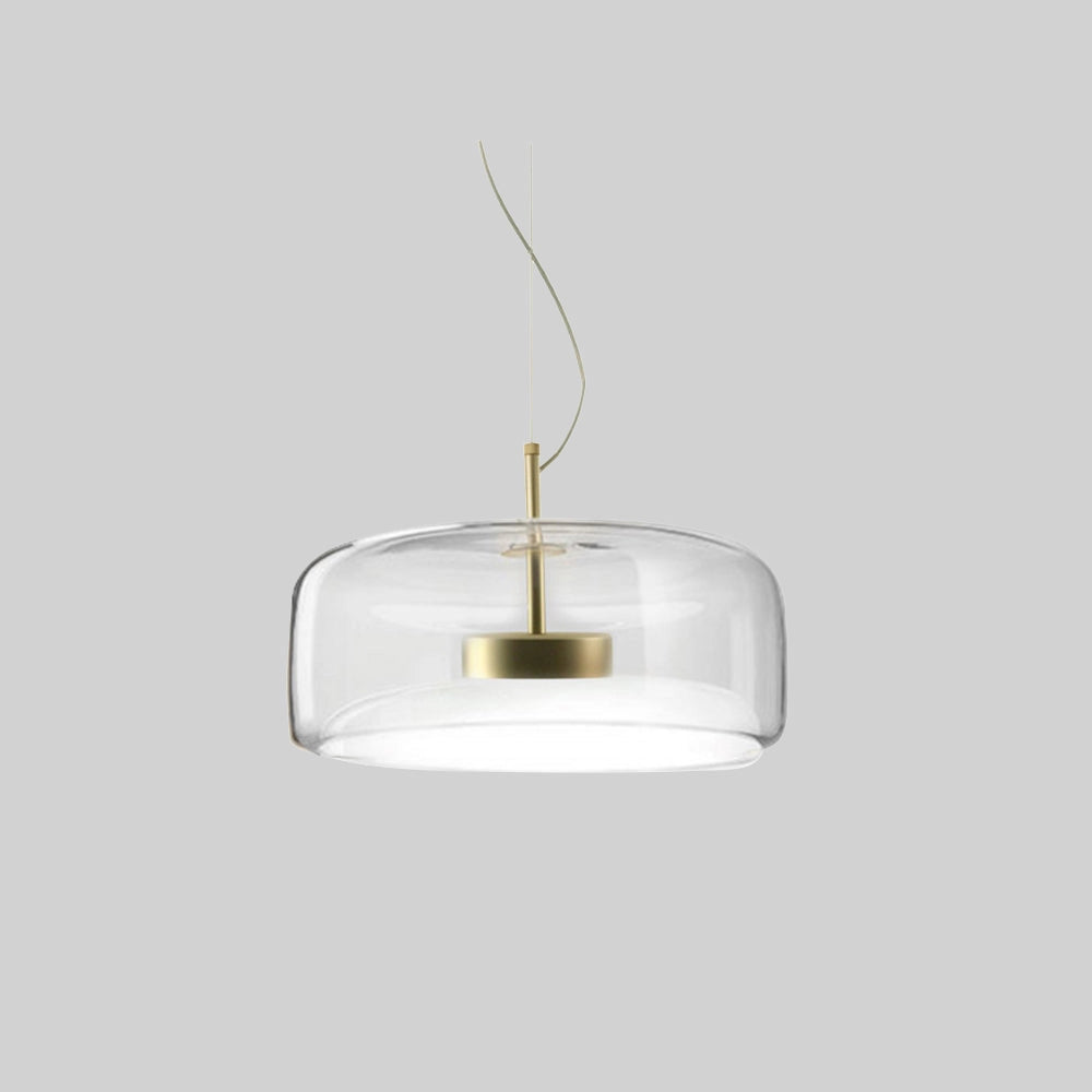 Modern brushed brass glass pendant light with a smoke gray finish, measuring 35cm, shown hanging from the ceiling. The light is dimmable and features a sleek, contemporary design suitable for kitchens and dining areas.