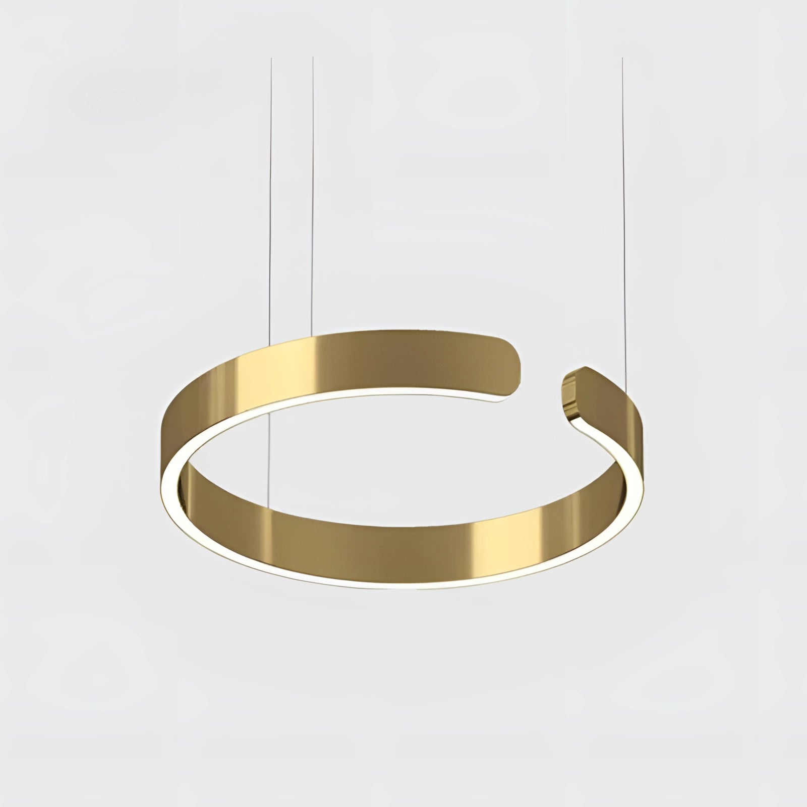Circular LED pendant light with a luxury metallic finish, featuring an adjustable hanging design and modern aesthetics.