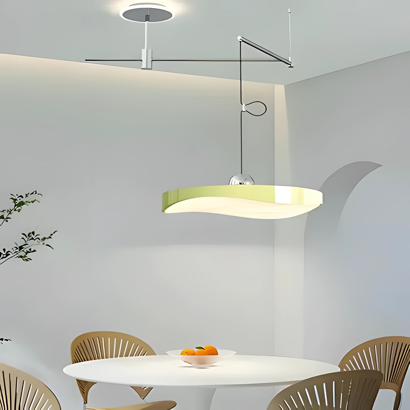 Modern circular LED pendant light in beige, 50cm size, hanging above a wooden table with chairs, set in a contemporary interior design.
