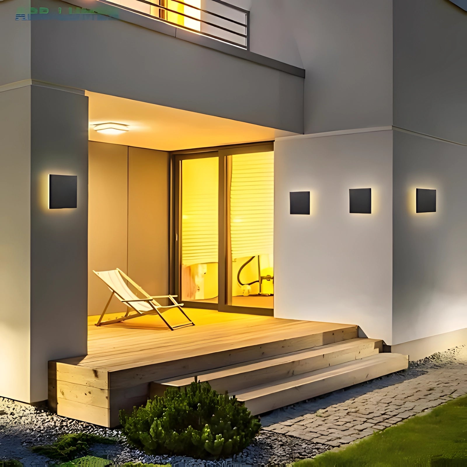 
Square-shaped warm white LED wall light fixture mounted on an outdoor staircase with contemporary design elements, surrounded by modern architectural features and wooden accents.
