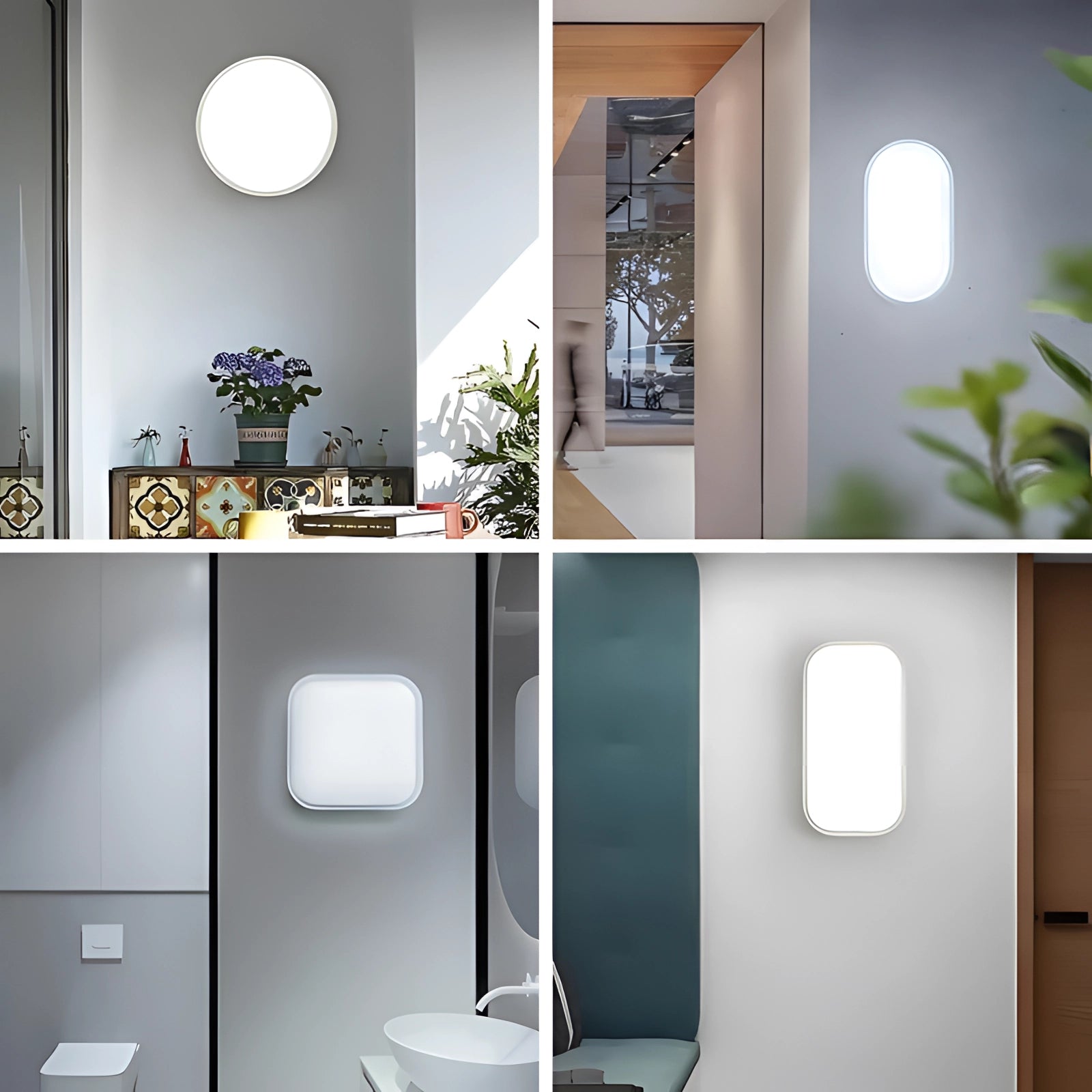 Modern circular wall lights with a minimalist and futuristic design, mounted on a white wall, with surrounding elements including a houseplant and contemporary furniture, creating a stylish and elegant interior space.