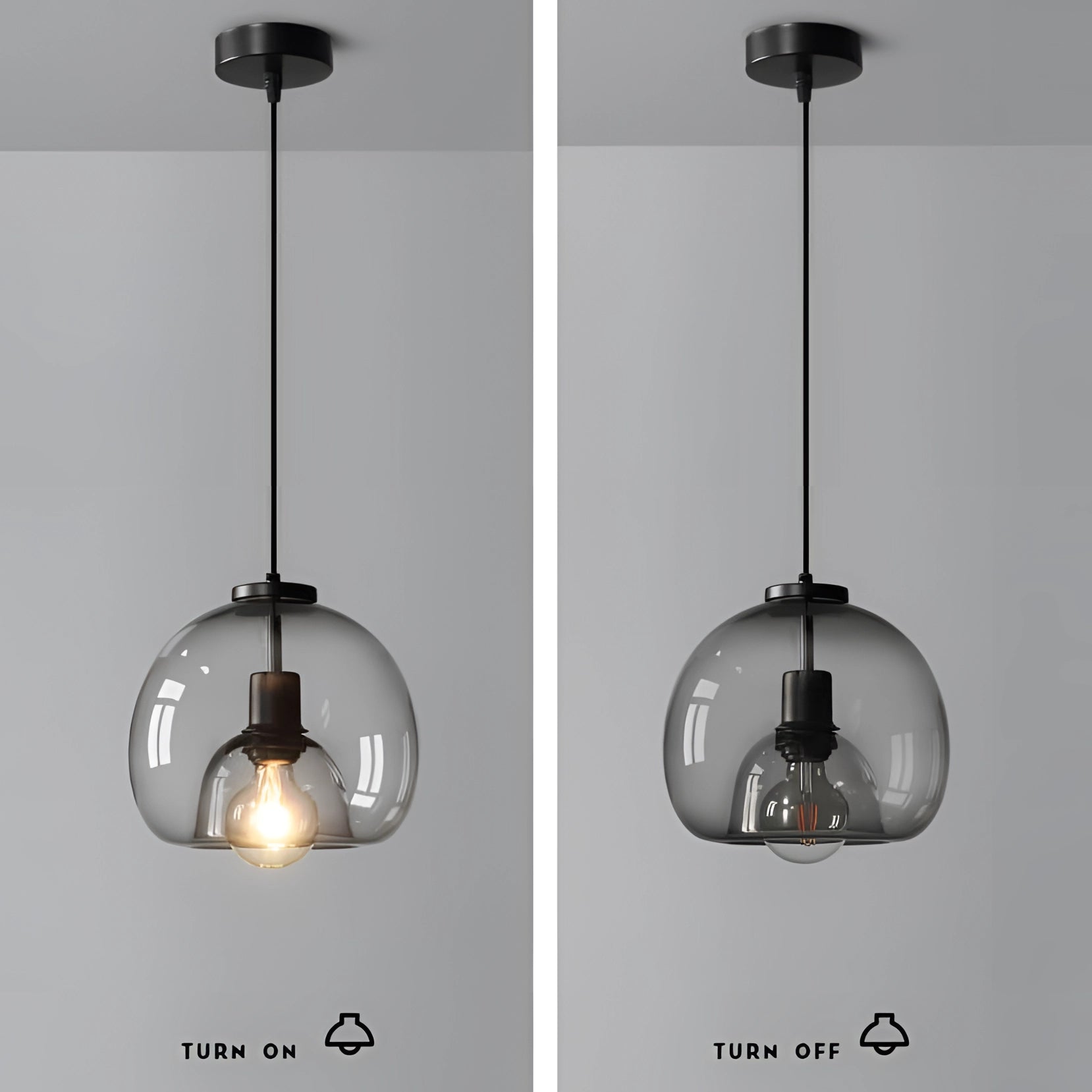 Modern clear glass pendant lights with globe-shaped design, hanging over a table; stylish and contemporary lighting solution.