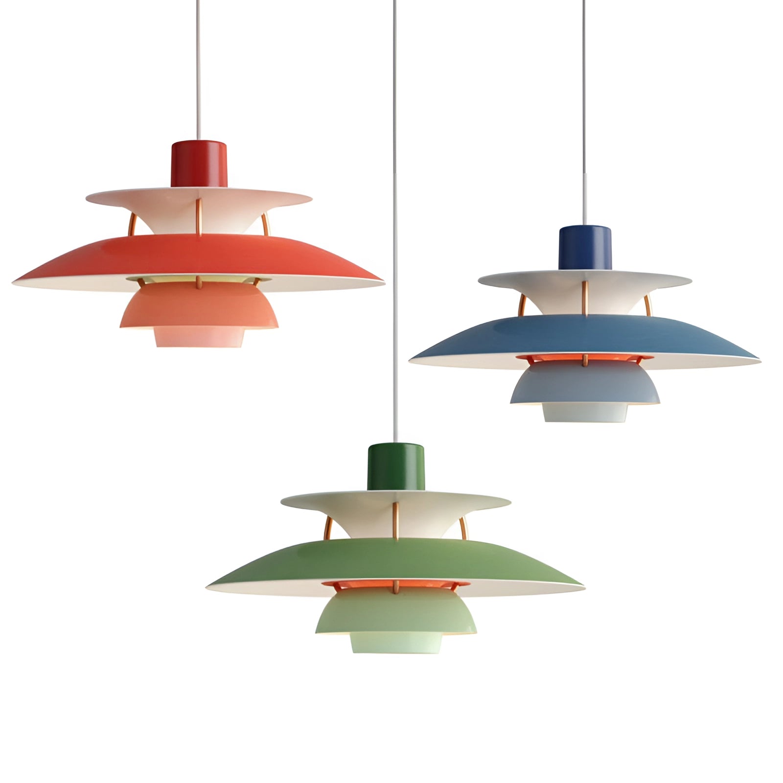 Modern colorful pendant lighting with Scandinavian design, featuring a multi-tiered structure and artistic elements, hanging from the ceiling.